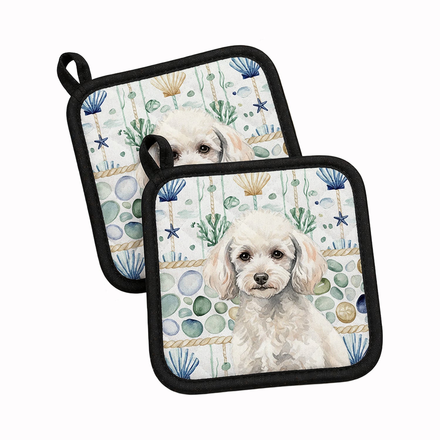 Miniature White Poodle Coastal Sea Glass Pot Holder Set of 2 Heat Resistant Quilted Hot Pads 7.5 x 7.5 Inch, Insulated Kitchen Trivets for Cooking & Baking