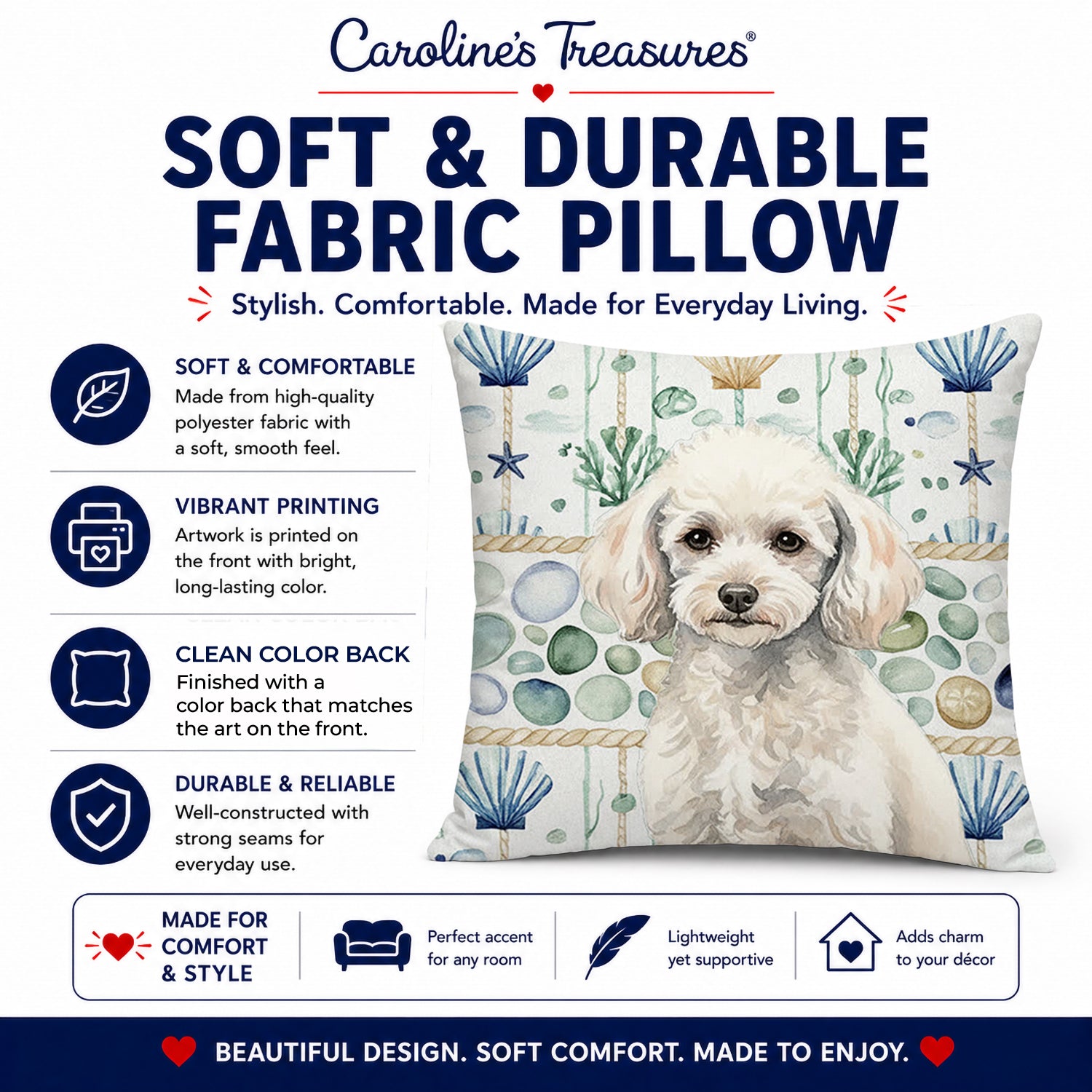 Miniature White Poodle Coastal Sea Glass Decorative Throw Pillow 14x14 Indoor Outdoor Accent Cushion, Fabric Cover with Insert for Sofa, Bed, Porch & Living Room