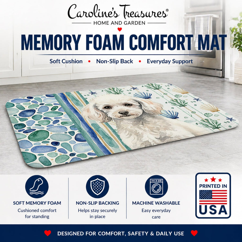 Miniature White Poodle Coastal Sea Glass Memory Foam Kitchen Mat Machine Washable Anti-Fatigue Cushion Comfort Bath or Kitchen Rug