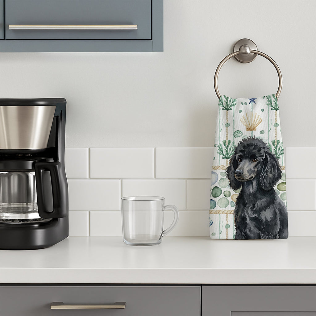 Standard Black Poodle Coastal Sea Glass Kitchen Towel Velour Plush Front and Cotton Loop Back Machine Washable