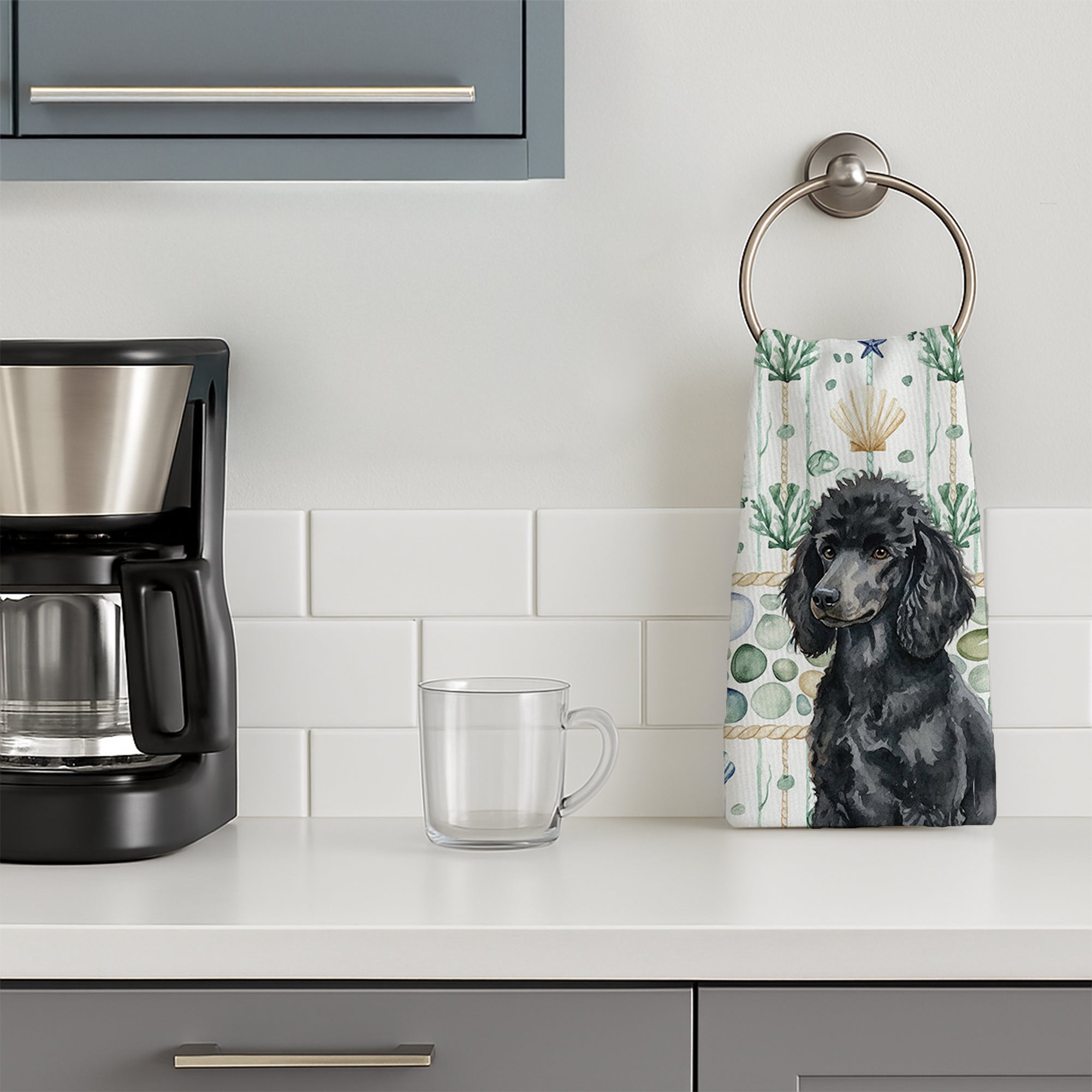 Standard Black Poodle Coastal Sea Glass Kitchen Towel Velour Plush Front and Cotton Loop Back Machine Washable
