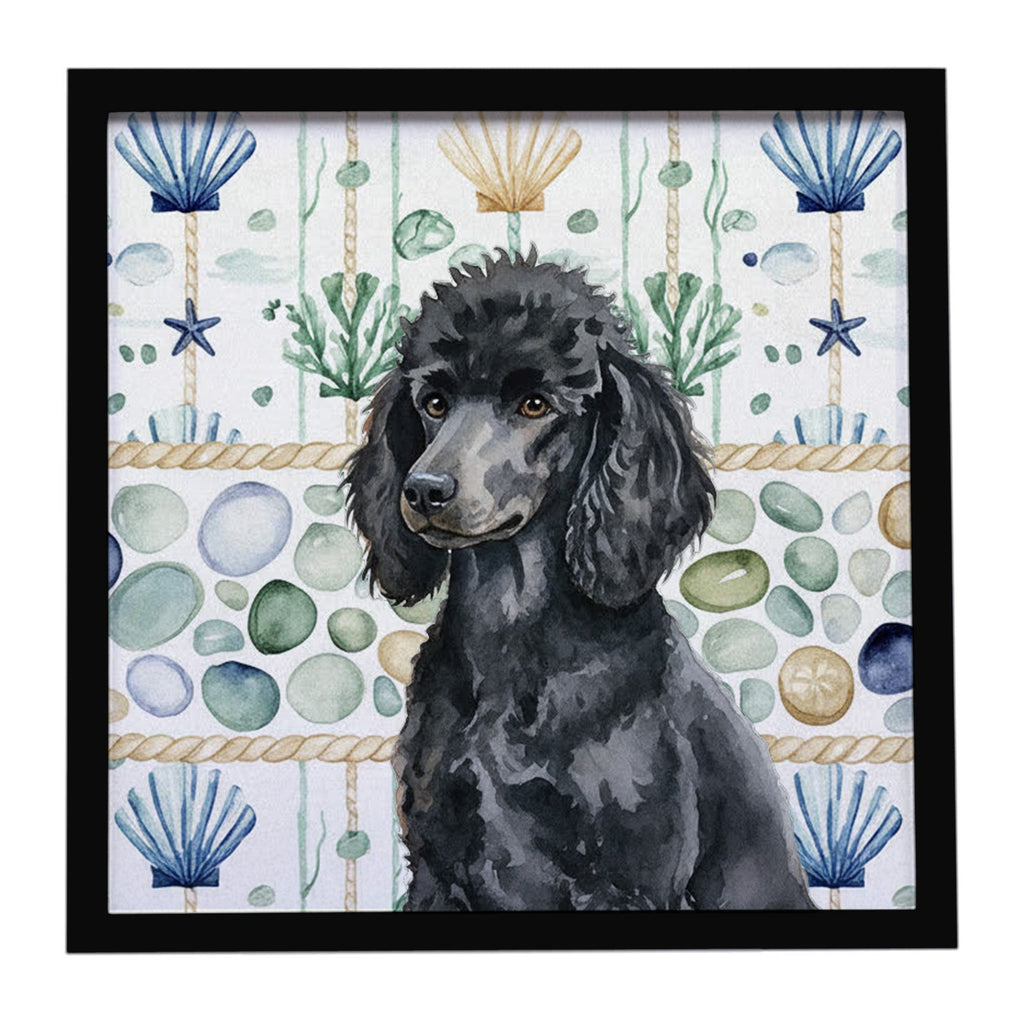 Standard Black Poodle Coastal Sea Glass Framed Metal Print Bathroom, Kitchen, Office, Home Decor Wall Art Ready to Hang, Square, 8X8