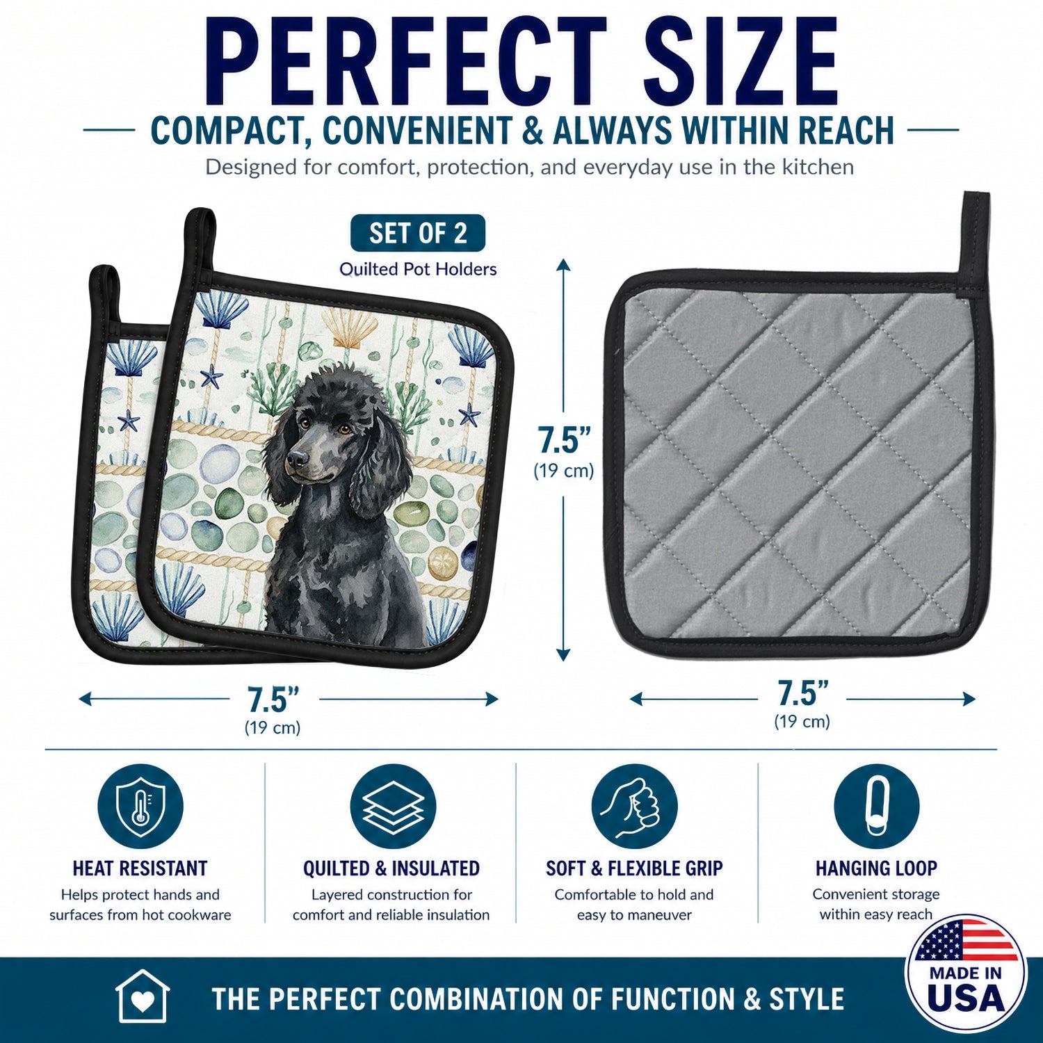 Standard Black Poodle Coastal Sea Glass Pot Holder Set of 2 Heat Resistant Quilted Hot Pads 7.5 x 7.5 Inch, Insulated Kitchen Trivets for Cooking & Baking