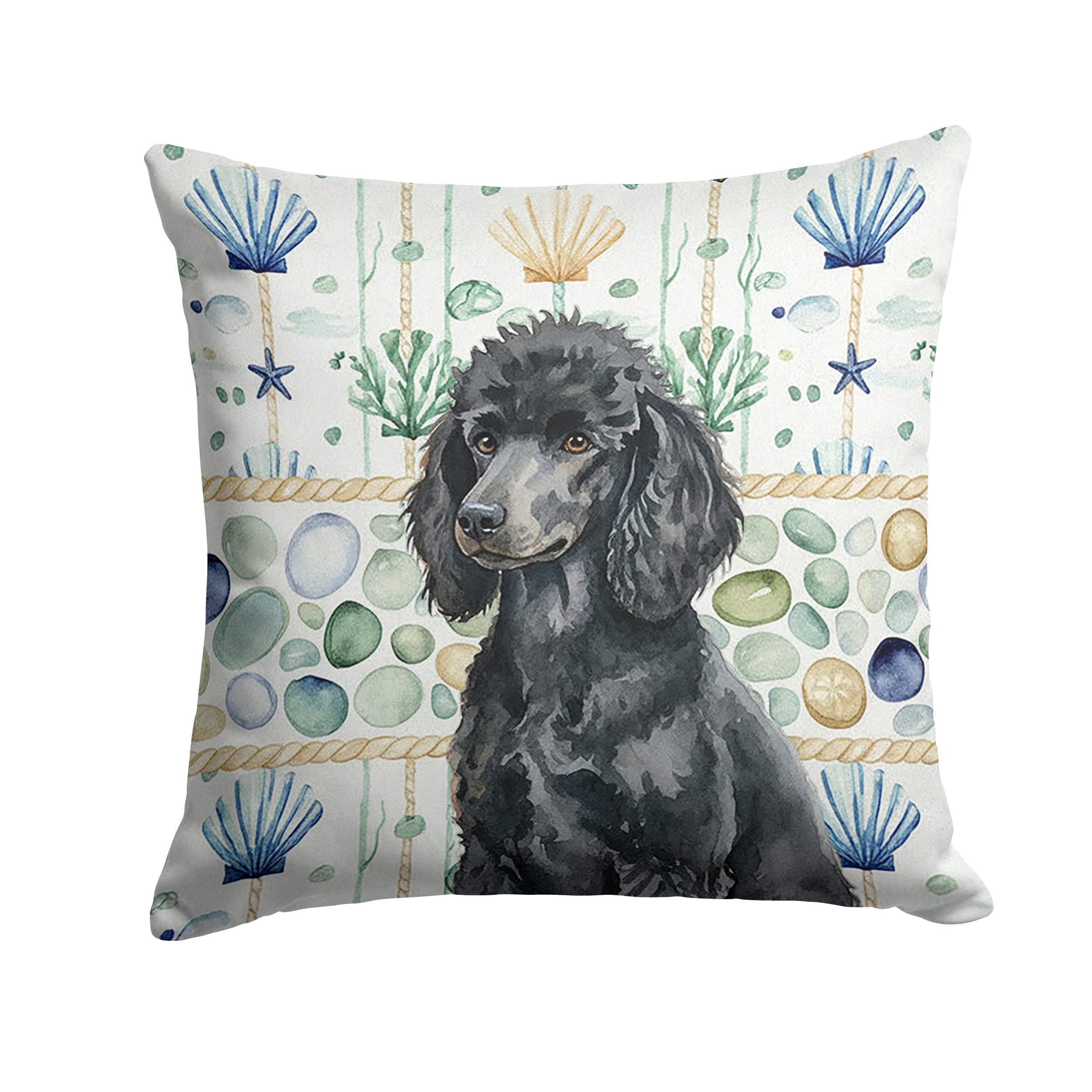 Standard Black Poodle Coastal Sea Glass Decorative Throw Pillow 14x14 Indoor Outdoor Accent Cushion, Fabric Cover with Insert for Sofa, Bed, Porch & Living Room