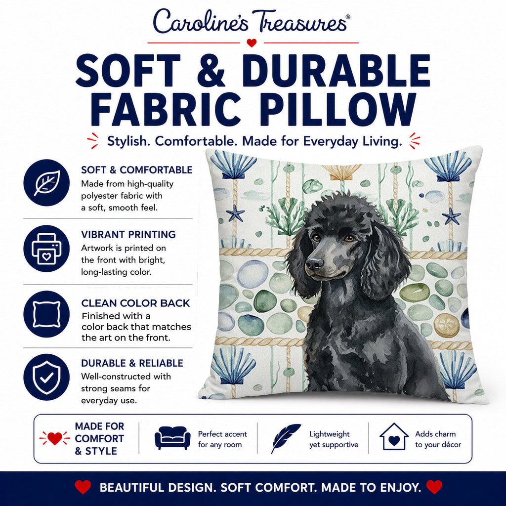 Standard Black Poodle Coastal Sea Glass Decorative Throw Pillow 18x18 Indoor Outdoor Accent Cushion, Fabric Cover with Insert for Sofa, Bed, Porch & Living Room