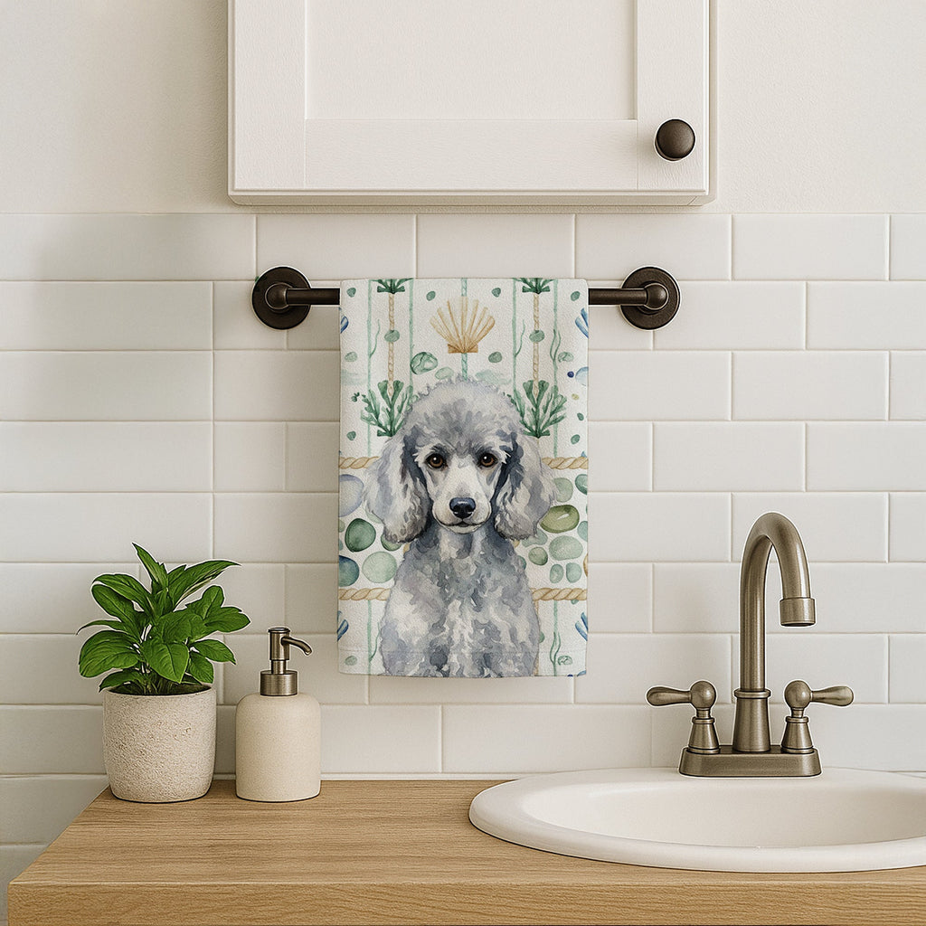 Standard Silver Poodle Coastal Sea Glass Kitchen Towel Velour Plush Front and Cotton Loop Back Machine Washable