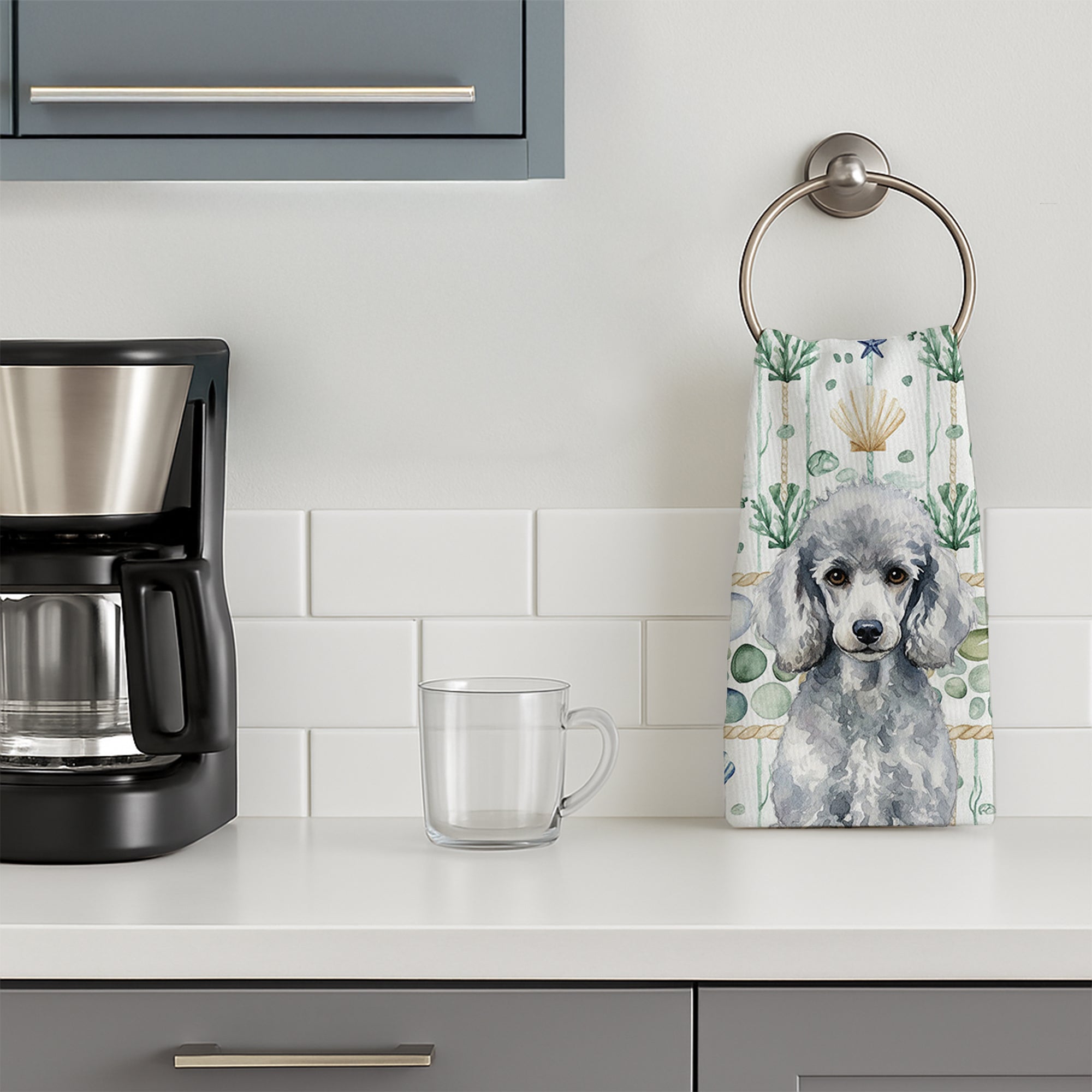 Standard Silver Poodle Coastal Sea Glass Kitchen Towel Velour Plush Front and Cotton Loop Back Machine Washable