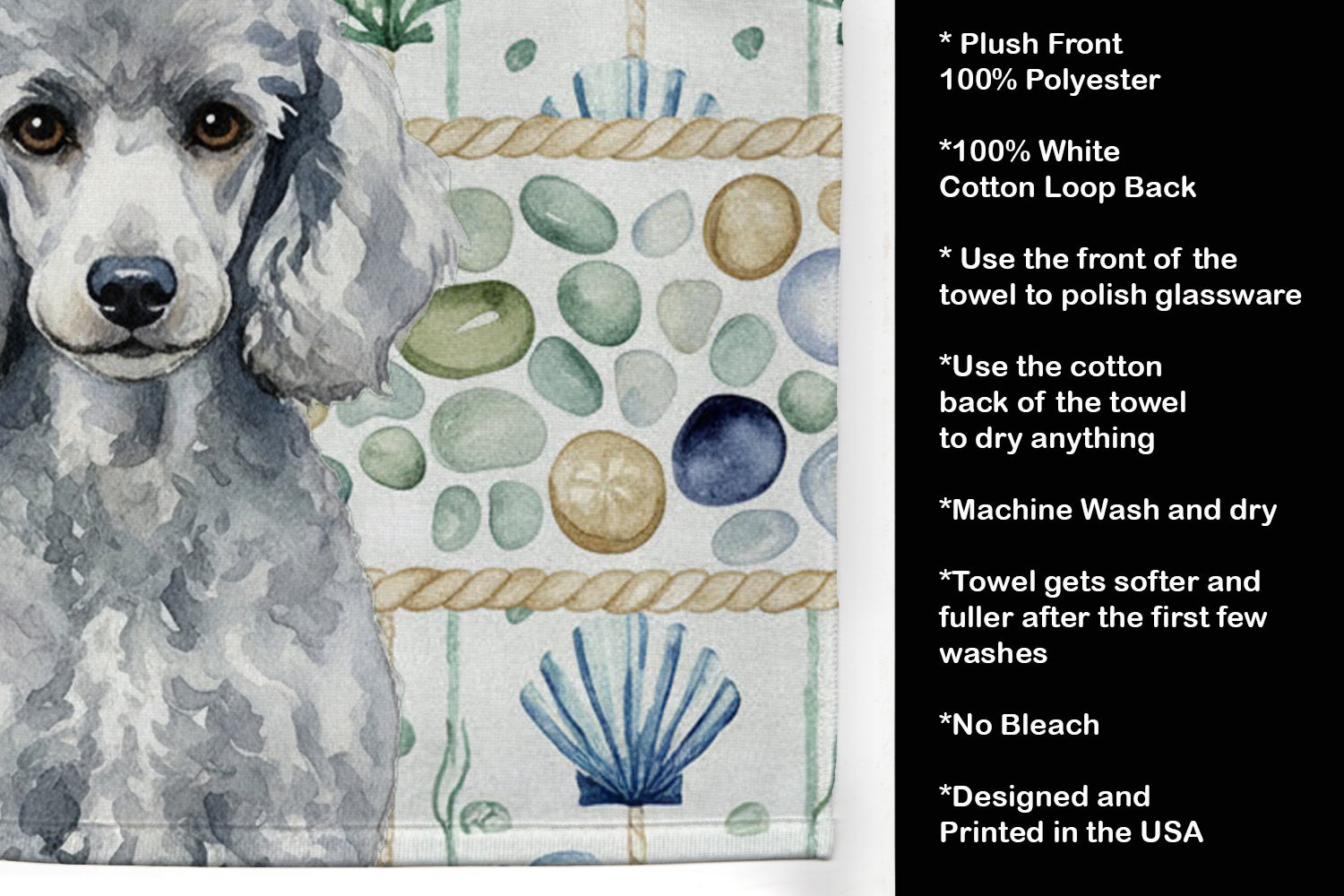 Standard Silver Poodle Coastal Sea Glass Kitchen Towel Velour Plush Front and Cotton Loop Back Machine Washable