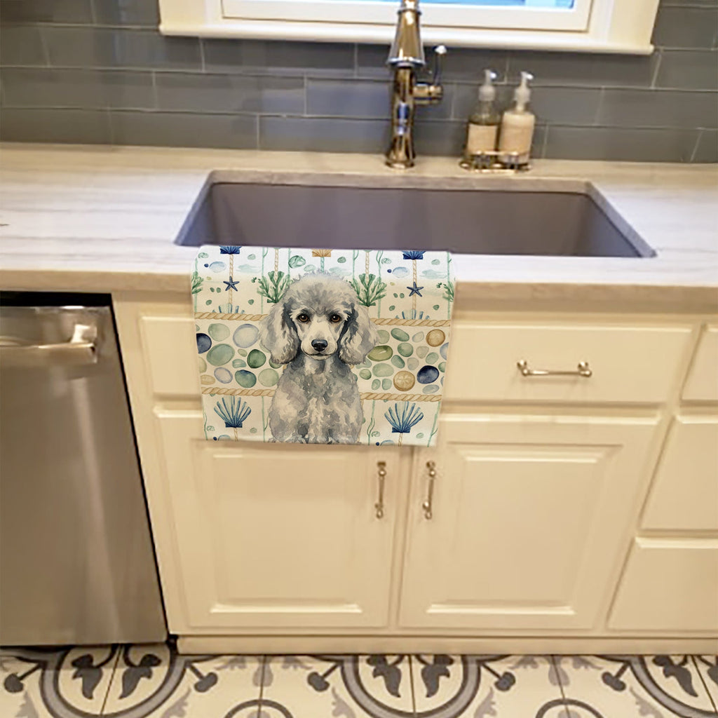 Standard Silver Poodle Coastal Sea Glass Kitchen Towel Velour Plush Front and Cotton Loop Back Machine Washable