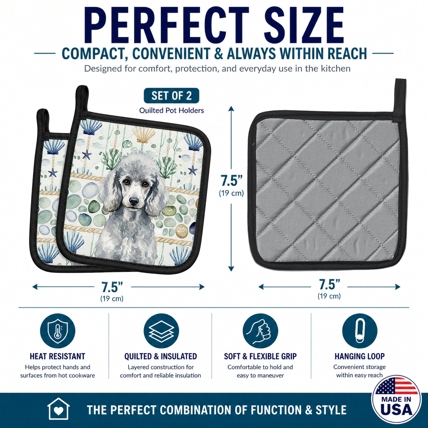 Standard Silver Poodle Coastal Sea Glass Pot Holder Set of 2 Heat Resistant Quilted Hot Pads 7.5 x 7.5 Inch, Insulated Kitchen Trivets for Cooking & Baking