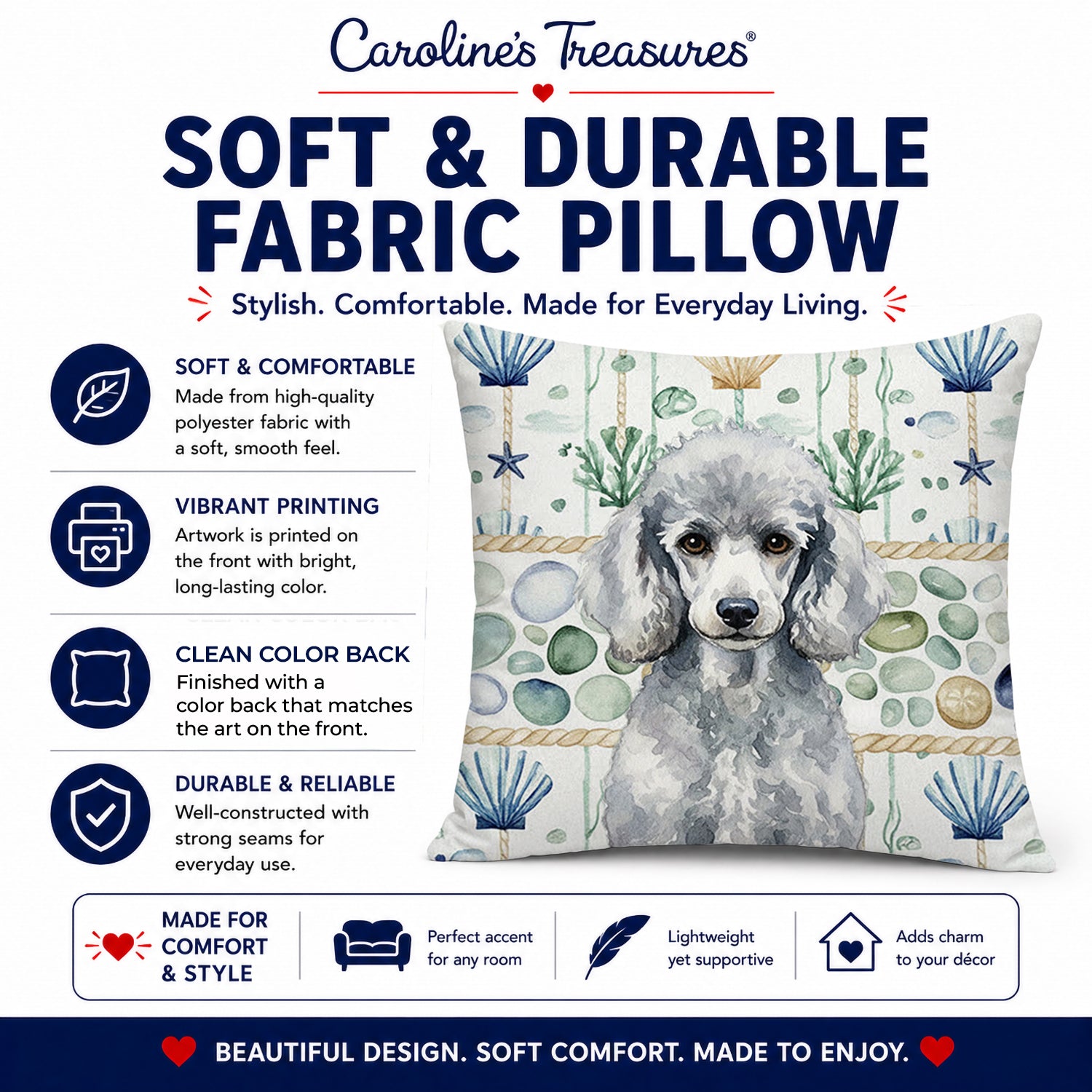 Standard Silver Poodle Coastal Sea Glass Decorative Throw Pillow 18x18 Indoor Outdoor Accent Cushion, Fabric Cover with Insert for Sofa, Bed, Porch & Living Room