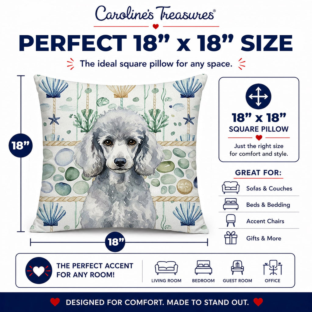 Standard Silver Poodle Coastal Sea Glass Decorative Throw Pillow 18x18 Indoor Outdoor Accent Cushion, Fabric Cover with Insert for Sofa, Bed, Porch & Living Room