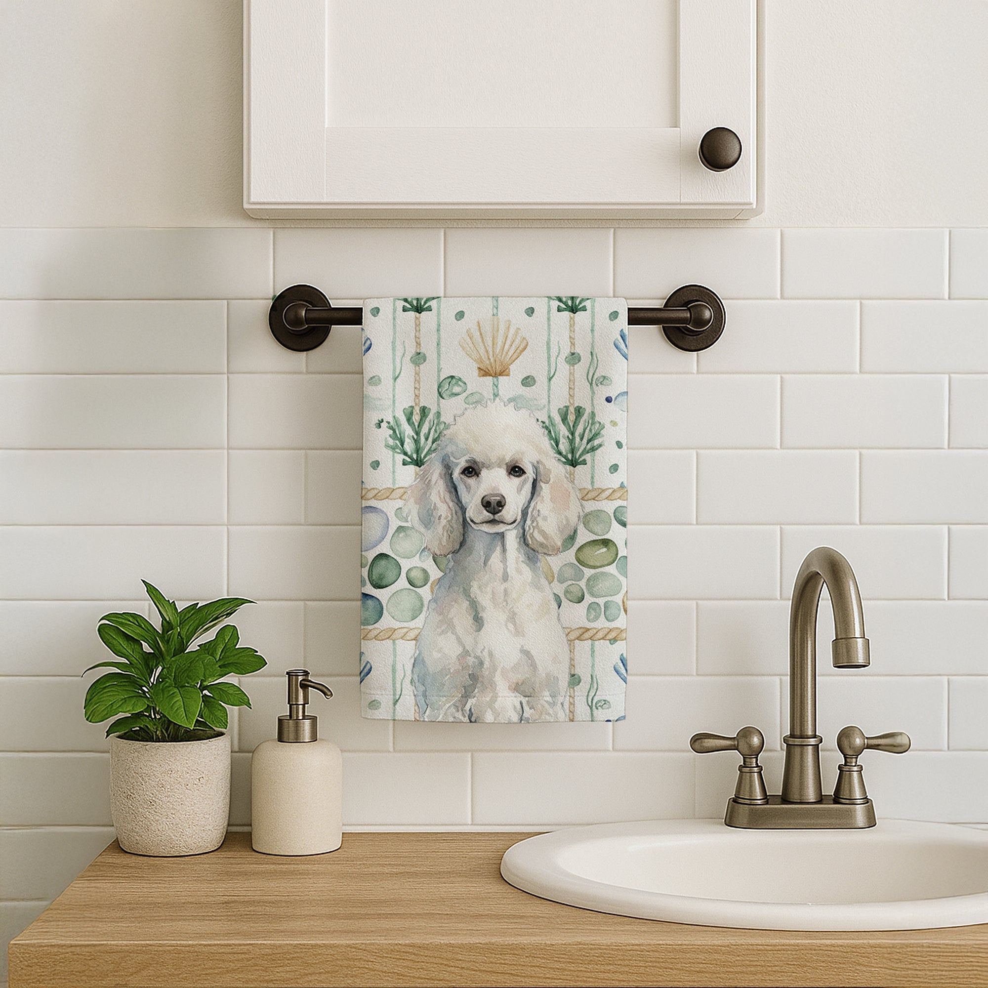 Standard White Poodle Coastal Sea Glass Kitchen Towel Velour Plush Front and Cotton Loop Back Machine Washable