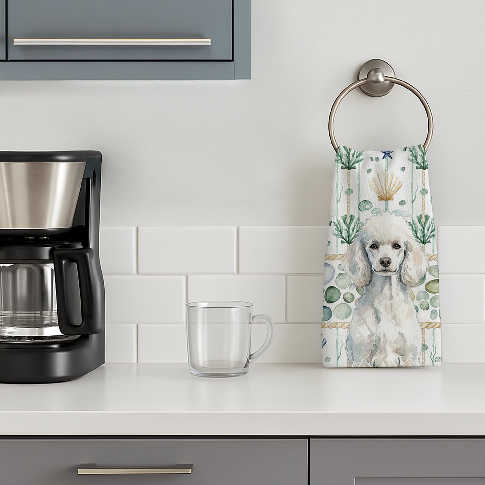 Standard White Poodle Coastal Sea Glass Kitchen Towel Velour Plush Front and Cotton Loop Back Machine Washable