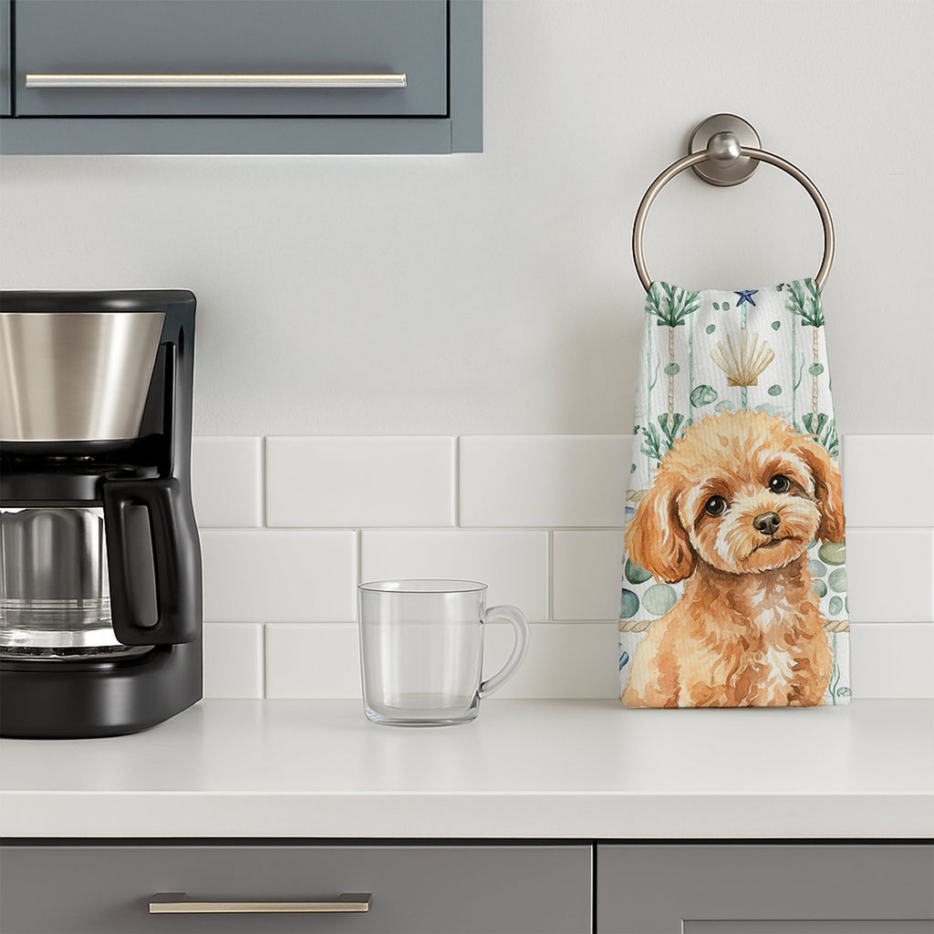 Toy Apricot Poodle Coastal Sea Glass Kitchen Towel Velour Plush Front and Cotton Loop Back Machine Washable