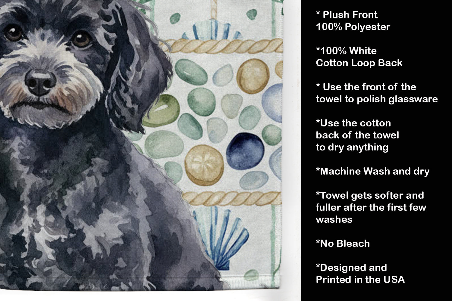 Toy Black Poodle Coastal Sea Glass Kitchen Towel Velour Plush Front and Cotton Loop Back Machine Washable