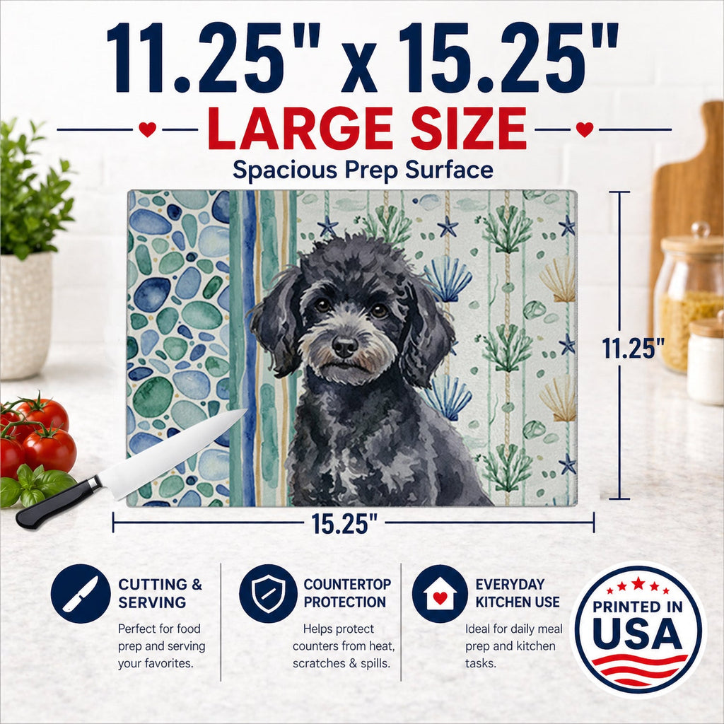 Toy Black Poodle Coastal Sea Glass Cutting Board Tempered Glass Kitchen Cutting Surface, Heat Resistant Chopping, Non-Slip Feet, Food Prep & Serving