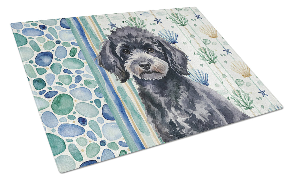 Toy Black Poodle Coastal Sea Glass Cutting Board Tempered Glass Kitchen Cutting Surface, Heat Resistant Chopping, Non-Slip Feet, Food Prep & Serving
