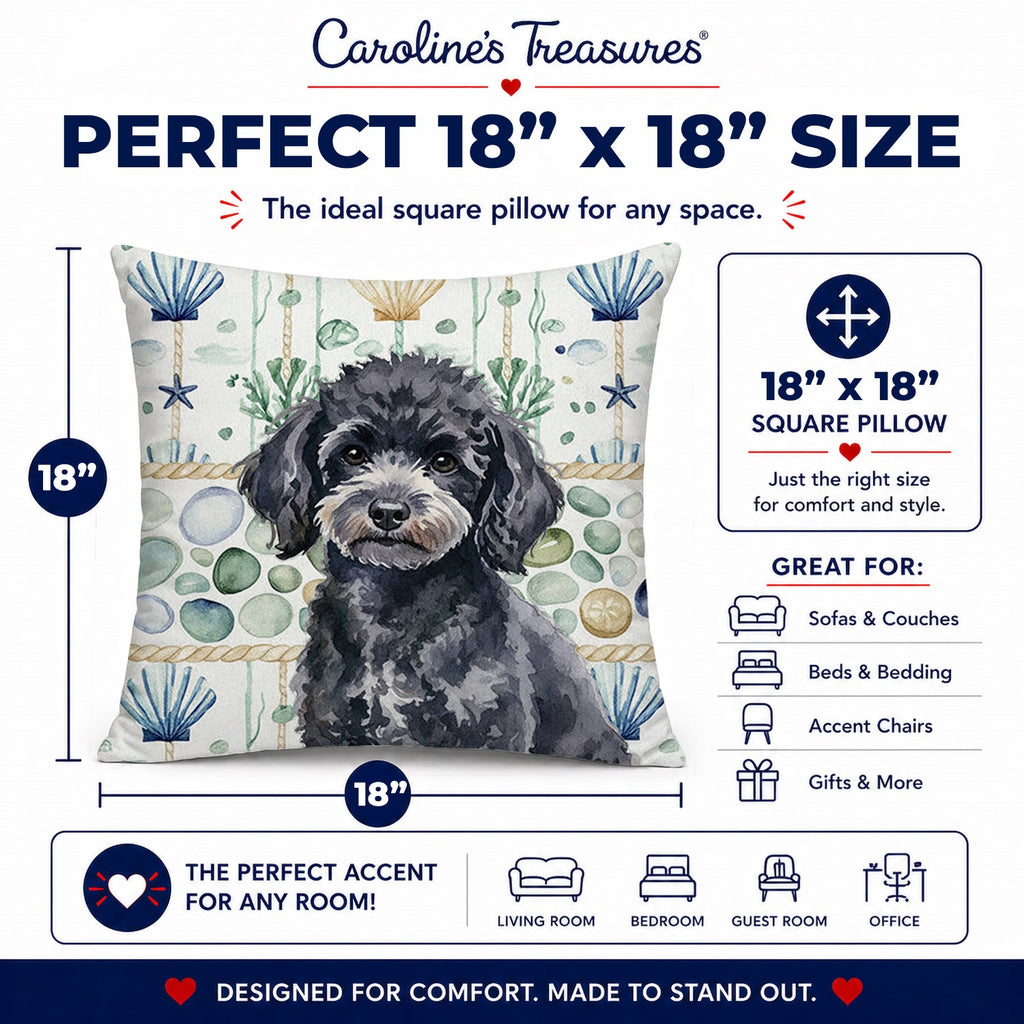 Toy Black Poodle Coastal Sea Glass Decorative Throw Pillow 18x18 Indoor Outdoor Accent Cushion, Fabric Cover with Insert for Sofa, Bed, Porch & Living Room