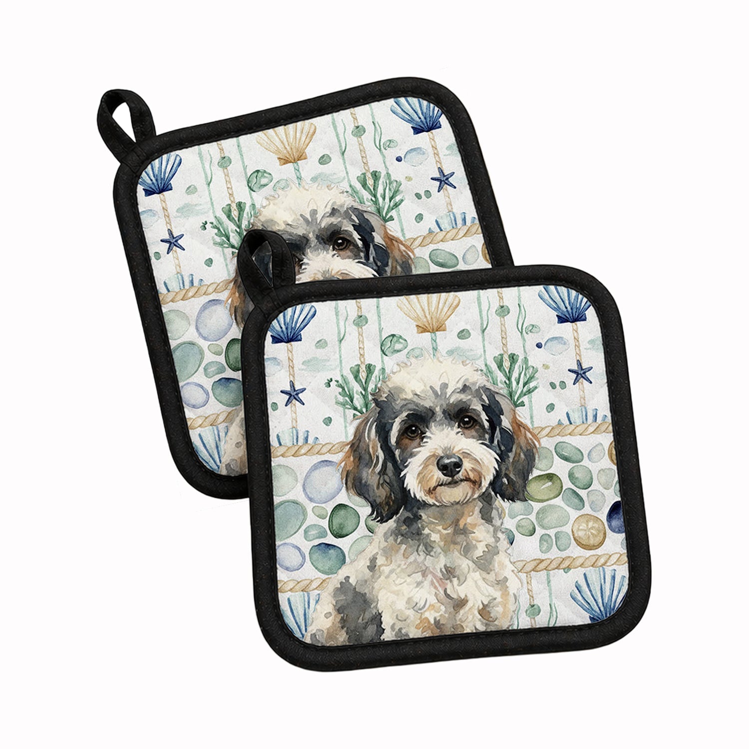 Toy Parti Poodle Coastal Sea Glass Pot Holder Set of 2 Heat Resistant Quilted Hot Pads 7.5 x 7.5 Inch, Insulated Kitchen Trivets for Cooking & Baking