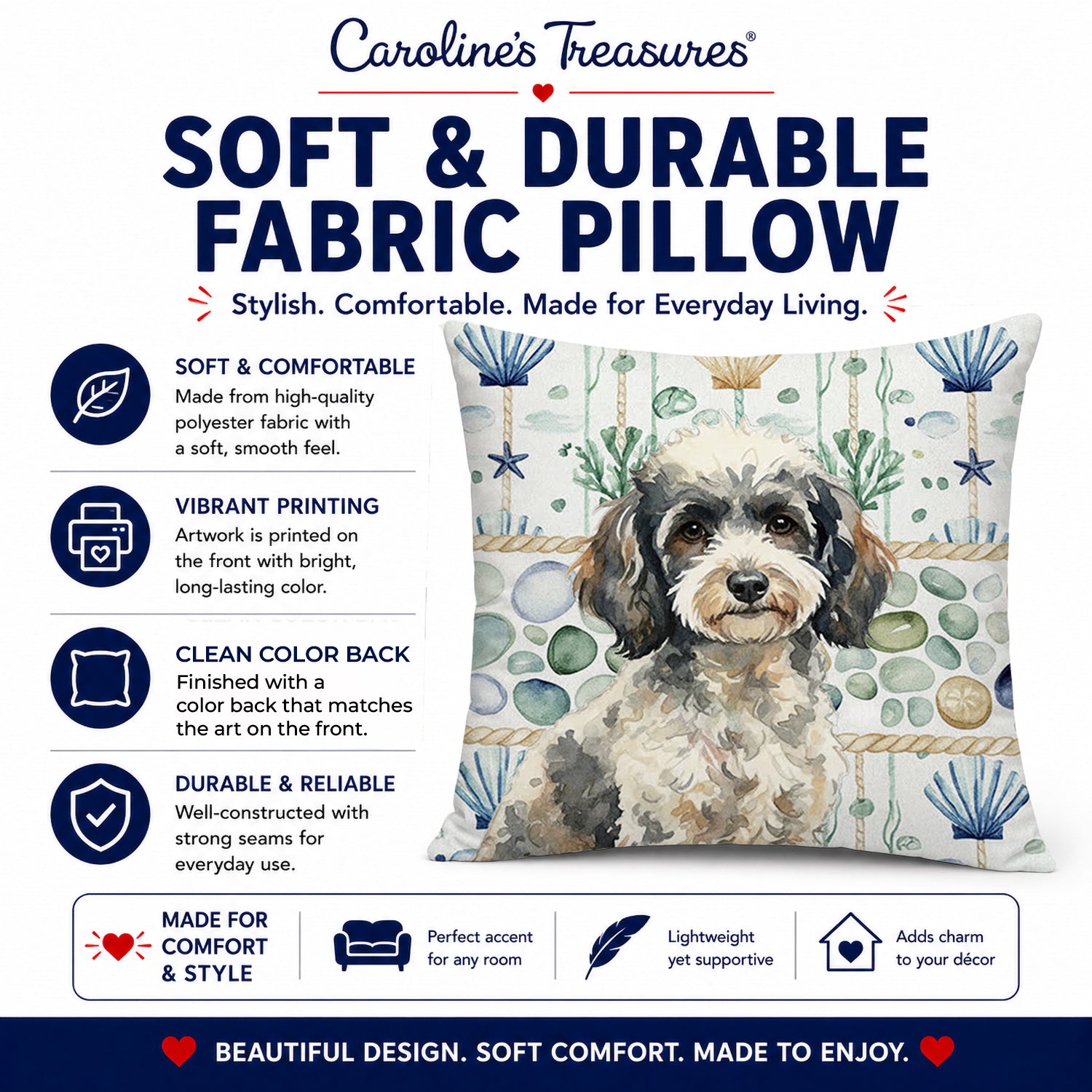 Toy Parti Poodle Coastal Sea Glass Decorative Throw Pillow 18x18 Indoor Outdoor Accent Cushion, Fabric Cover with Insert for Sofa, Bed, Porch & Living Room