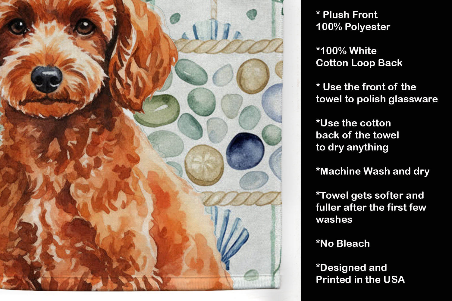 Toy Red Poodle Coastal Sea Glass Kitchen Towel Velour Plush Front and Cotton Loop Back Machine Washable