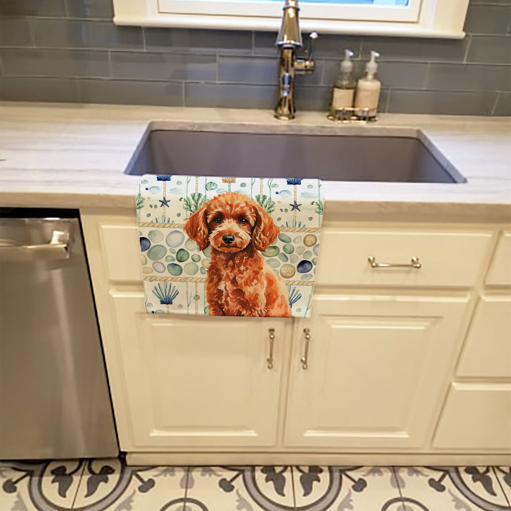 Toy Red Poodle Coastal Sea Glass Kitchen Towel Velour Plush Front and Cotton Loop Back Machine Washable