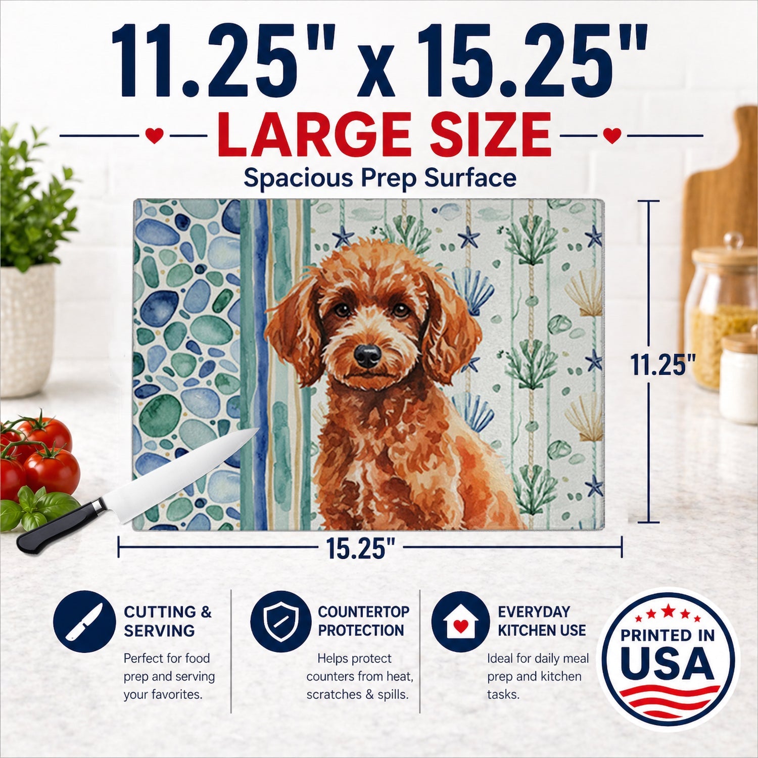 Toy Red Poodle Coastal Sea Glass Cutting Board Tempered Glass Kitchen Cutting Surface, Heat Resistant Chopping, Non-Slip Feet, Food Prep & Serving