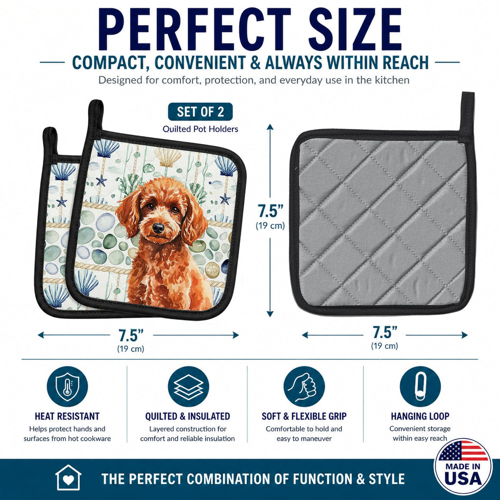 Toy Red Poodle Coastal Sea Glass Pot Holder Set of 2 Heat Resistant Quilted Hot Pads 7.5 x 7.5 Inch, Insulated Kitchen Trivets for Cooking & Baking