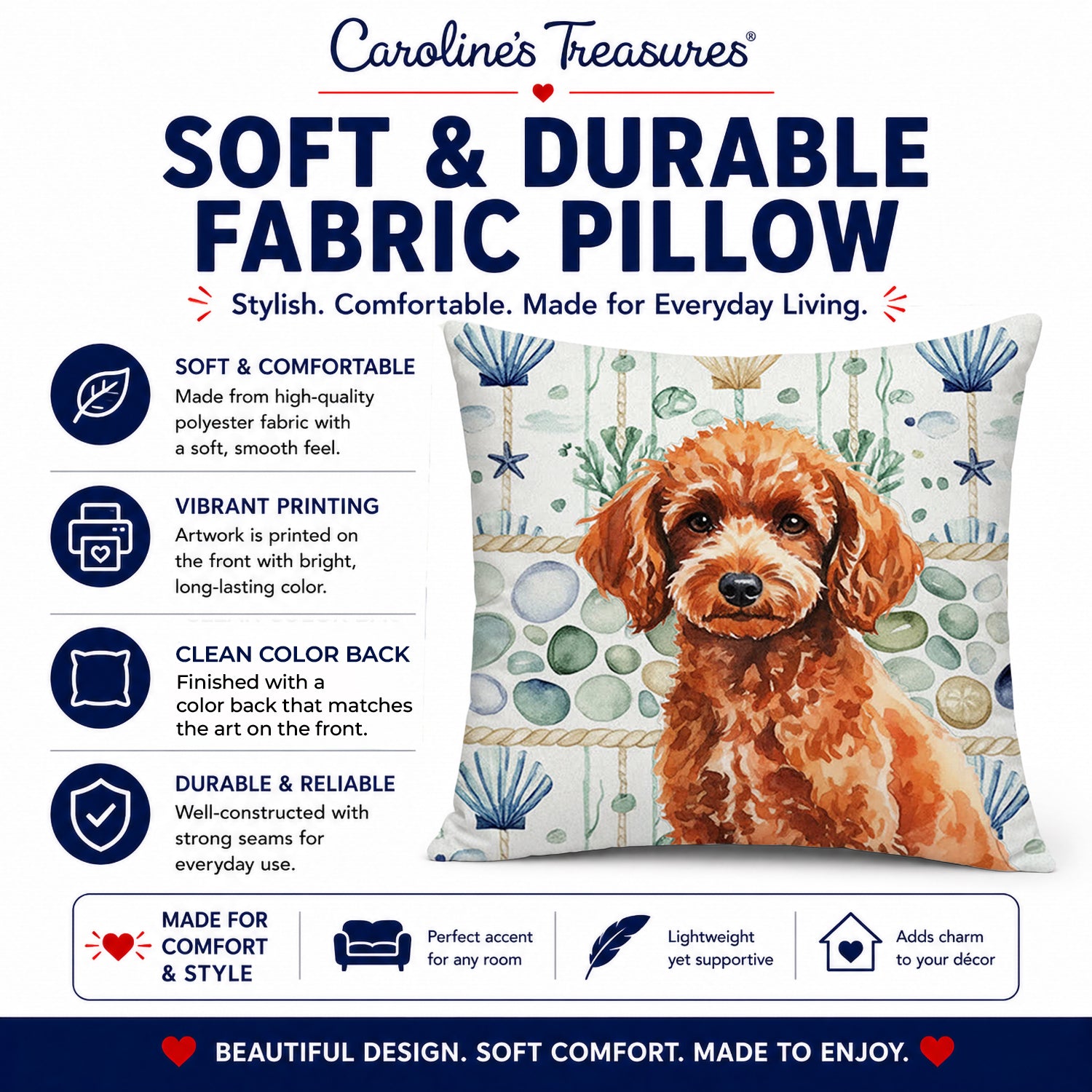 Toy Red Poodle Coastal Sea Glass Decorative Throw Pillow 14x14 Indoor Outdoor Accent Cushion, Fabric Cover with Insert for Sofa, Bed, Porch & Living Room