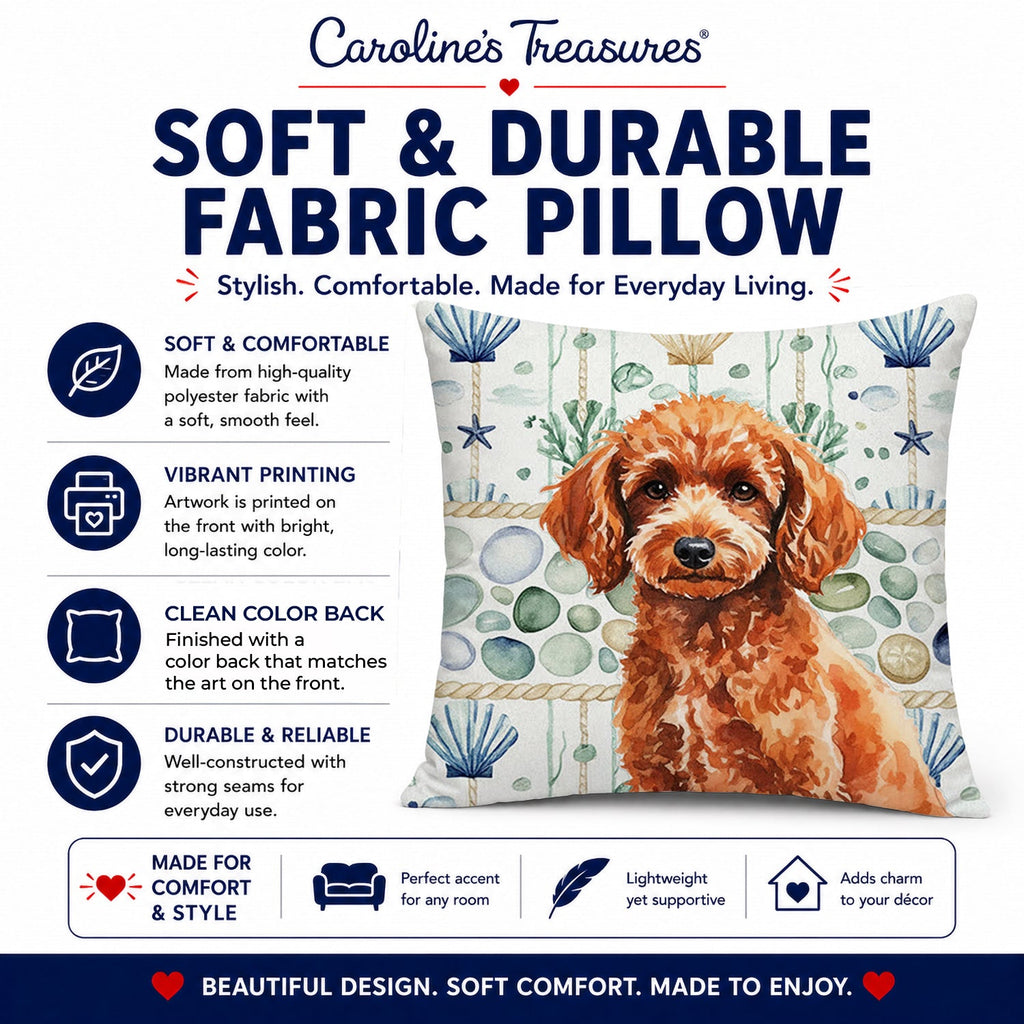 Toy Red Poodle Coastal Sea Glass Decorative Throw Pillow 18x18 Indoor Outdoor Accent Cushion, Fabric Cover with Insert for Sofa, Bed, Porch & Living Room