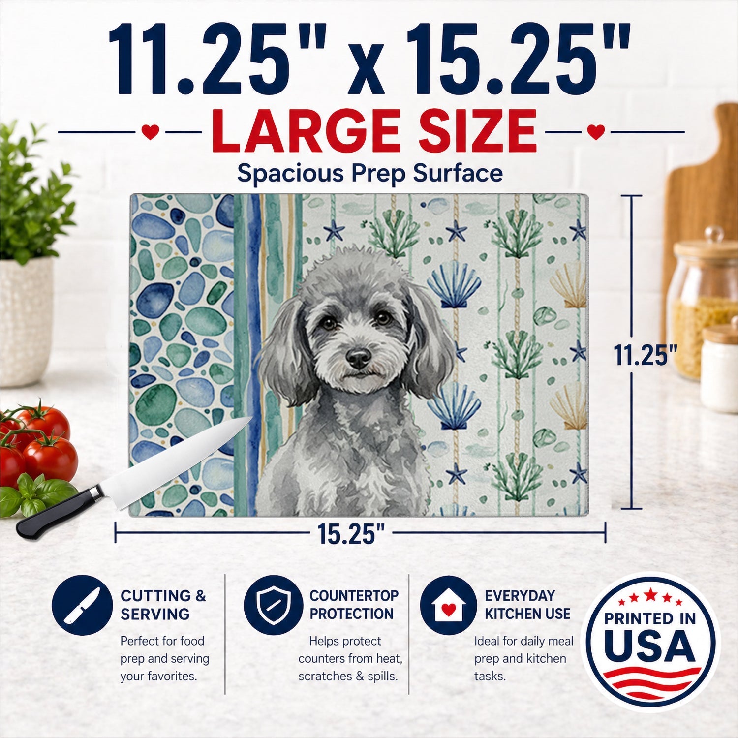 Toy Silver Poodle Coastal Sea Glass Cutting Board Tempered Glass Kitchen Cutting Surface, Heat Resistant Chopping, Non-Slip Feet, Food Prep & Serving