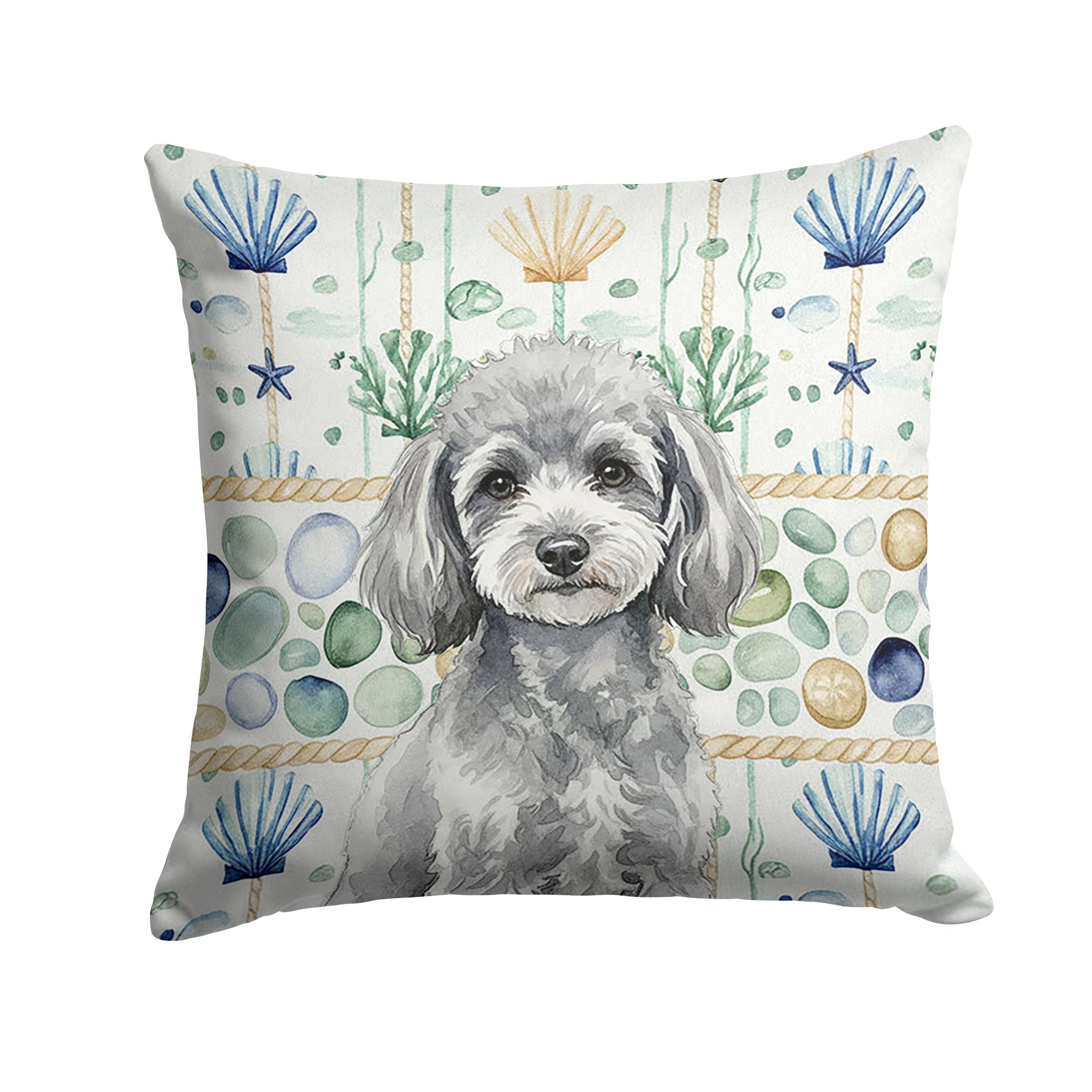 Toy Silver Poodle Coastal Sea Glass Decorative Throw Pillow 18x18 Indoor Outdoor Accent Cushion, Fabric Cover with Insert for Sofa, Bed, Porch & Living Room