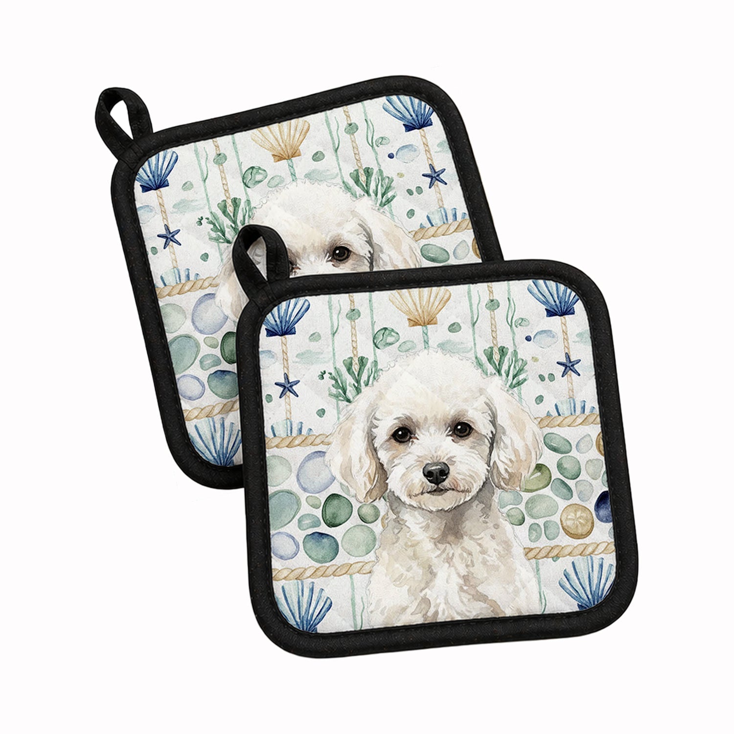 Toy White Poodle Coastal Sea Glass Pot Holder Set of 2 Heat Resistant Quilted Hot Pads 7.5 x 7.5 Inch, Insulated Kitchen Trivets for Cooking & Baking