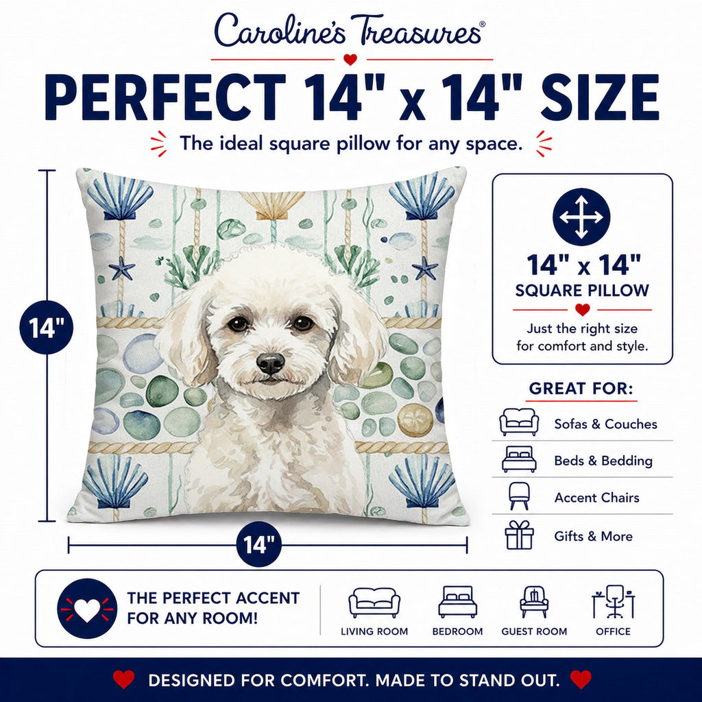 Toy White Poodle Coastal Sea Glass Decorative Throw Pillow 14x14 Indoor Outdoor Accent Cushion, Fabric Cover with Insert for Sofa, Bed, Porch & Living Room