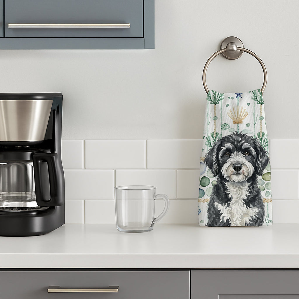 Portuguese Water Dog Coastal Sea Glass Kitchen Towel Velour Plush Front and Cotton Loop Back Machine Washable