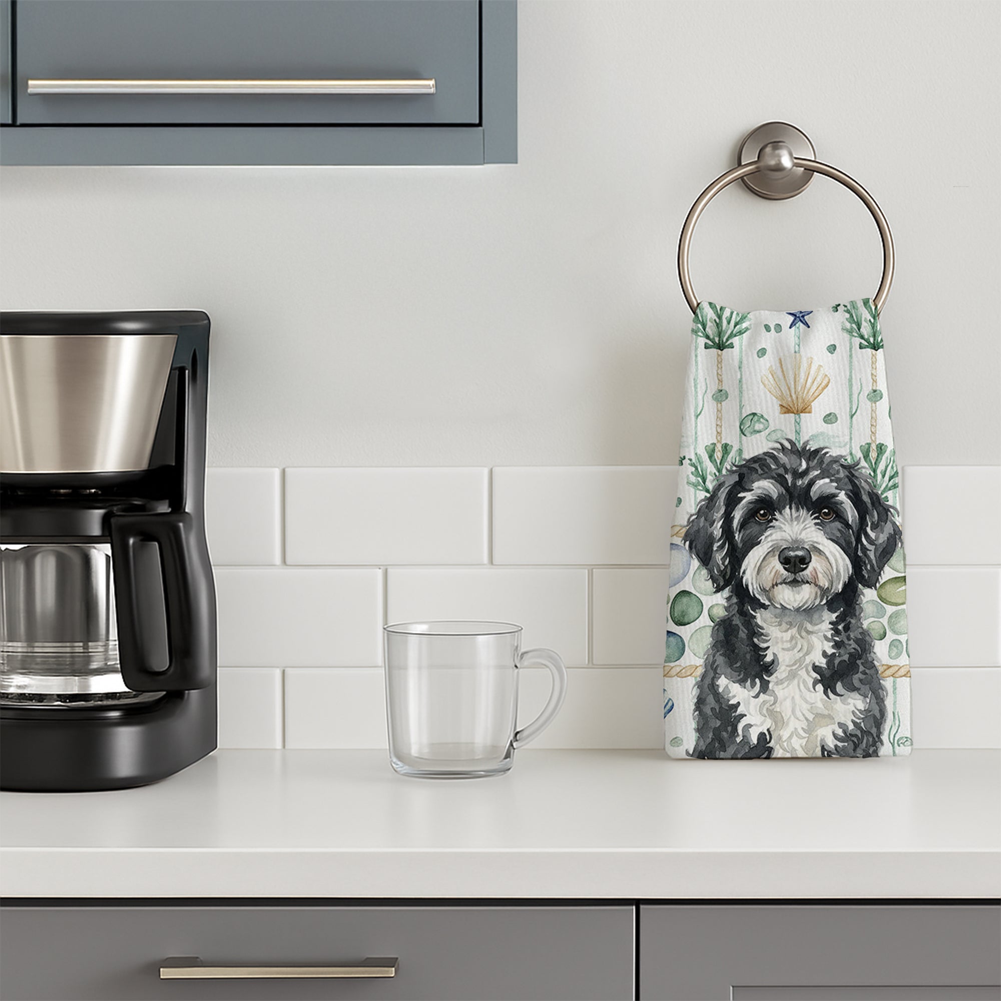 Portuguese Water Dog Coastal Sea Glass Kitchen Towel Velour Plush Front and Cotton Loop Back Machine Washable