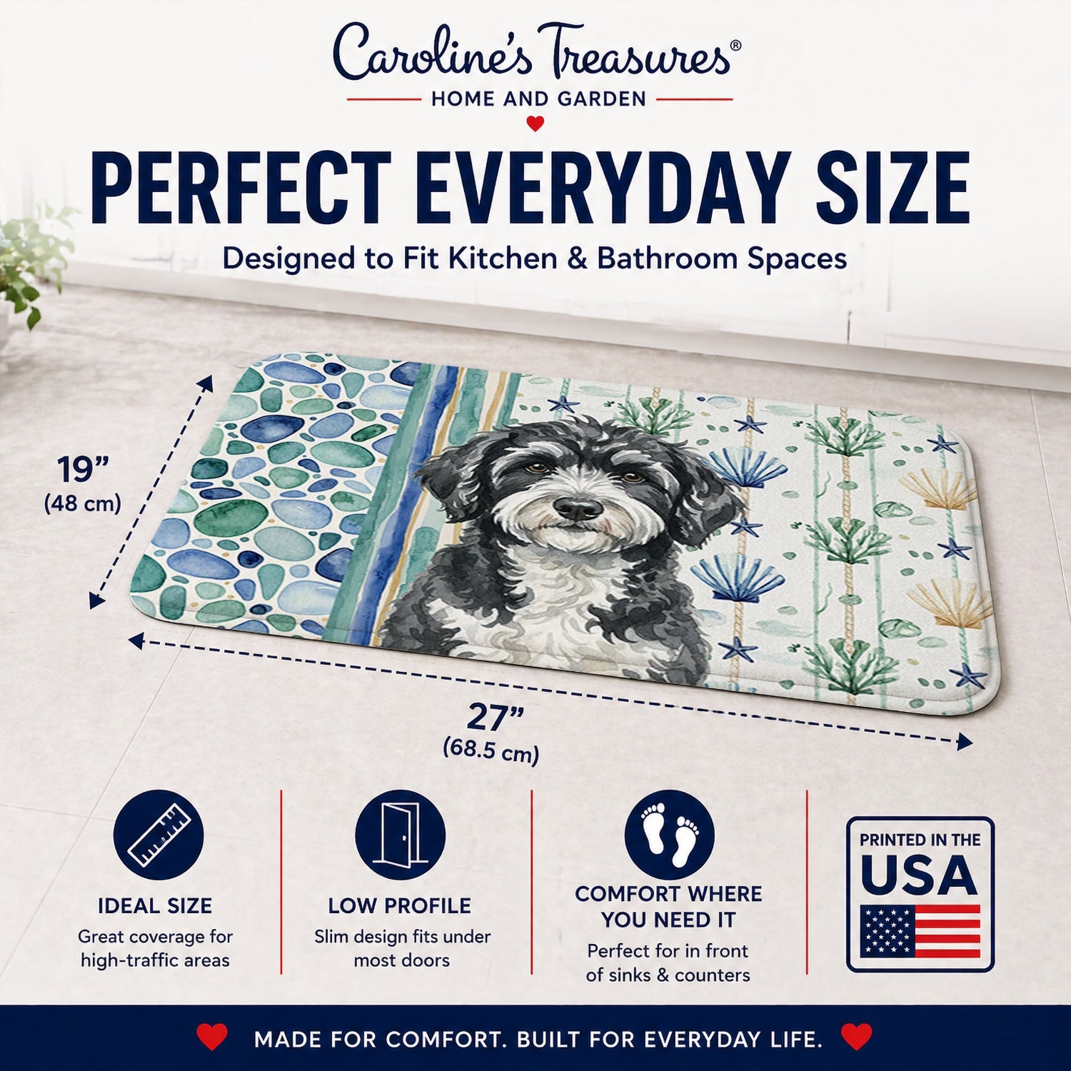 Portuguese Water Dog Coastal Sea Glass Memory Foam Kitchen Mat Machine Washable Anti-Fatigue Cushion Comfort Bath or Kitchen Rug