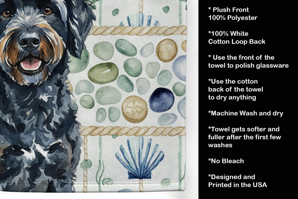 Black Portuguese Water Dog Coastal Sea Glass Kitchen Towel Velour Plush Front and Cotton Loop Back Machine Washable