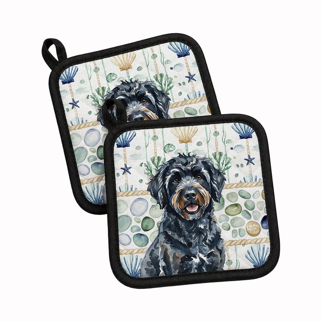Black Portuguese Water Dog Coastal Sea Glass Pot Holder Set of 2 Heat Resistant Quilted Hot Pads 7.5 x 7.5 Inch, Insulated Kitchen Trivets for Cooking & Baking