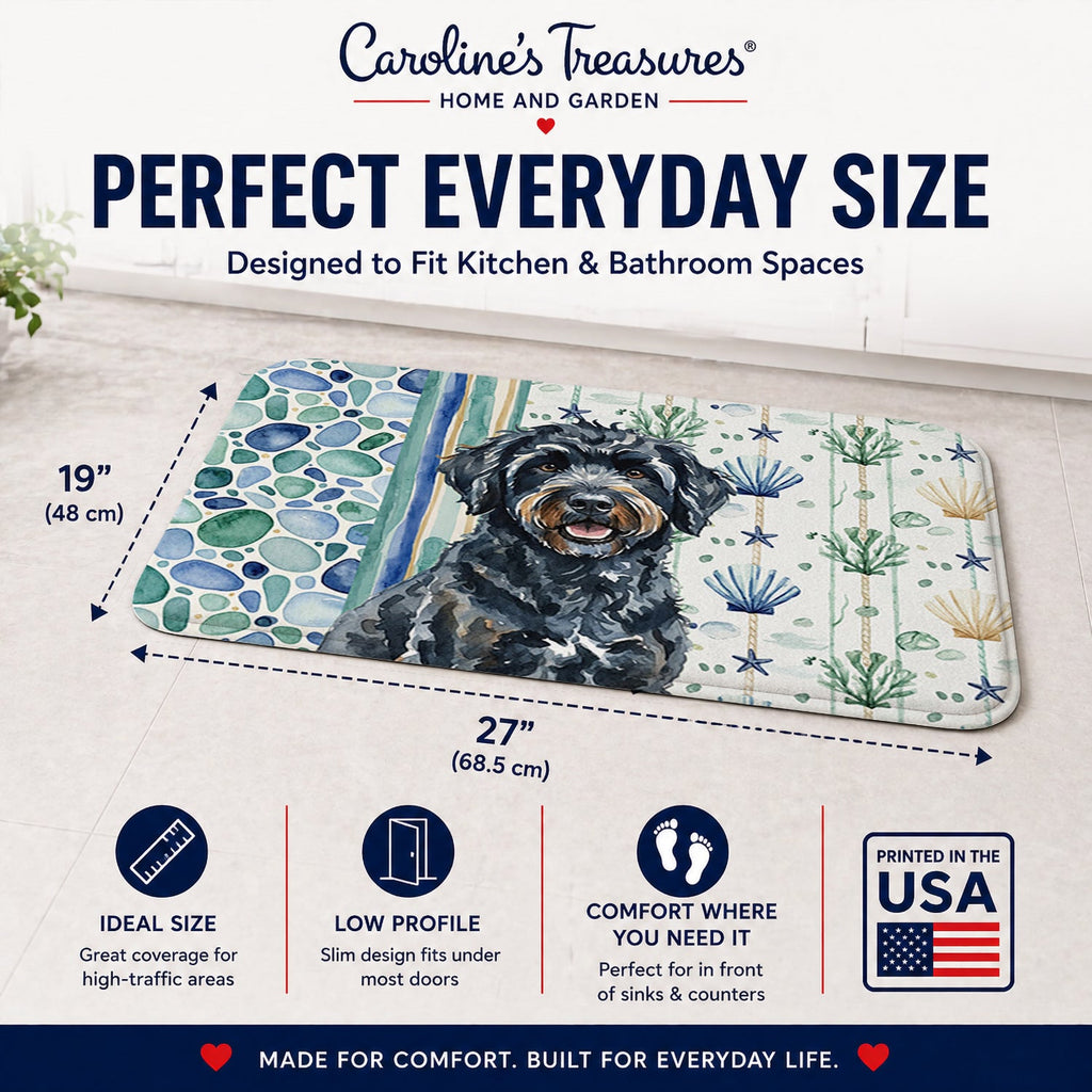 Black Portuguese Water Dog Coastal Sea Glass Memory Foam Kitchen Mat Machine Washable Anti-Fatigue Cushion Comfort Bath or Kitchen Rug