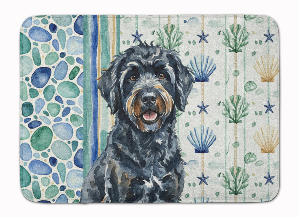 Black Portuguese Water Dog Coastal Sea Glass Memory Foam Kitchen Mat Machine Washable Anti-Fatigue Cushion Comfort Bath or Kitchen Rug