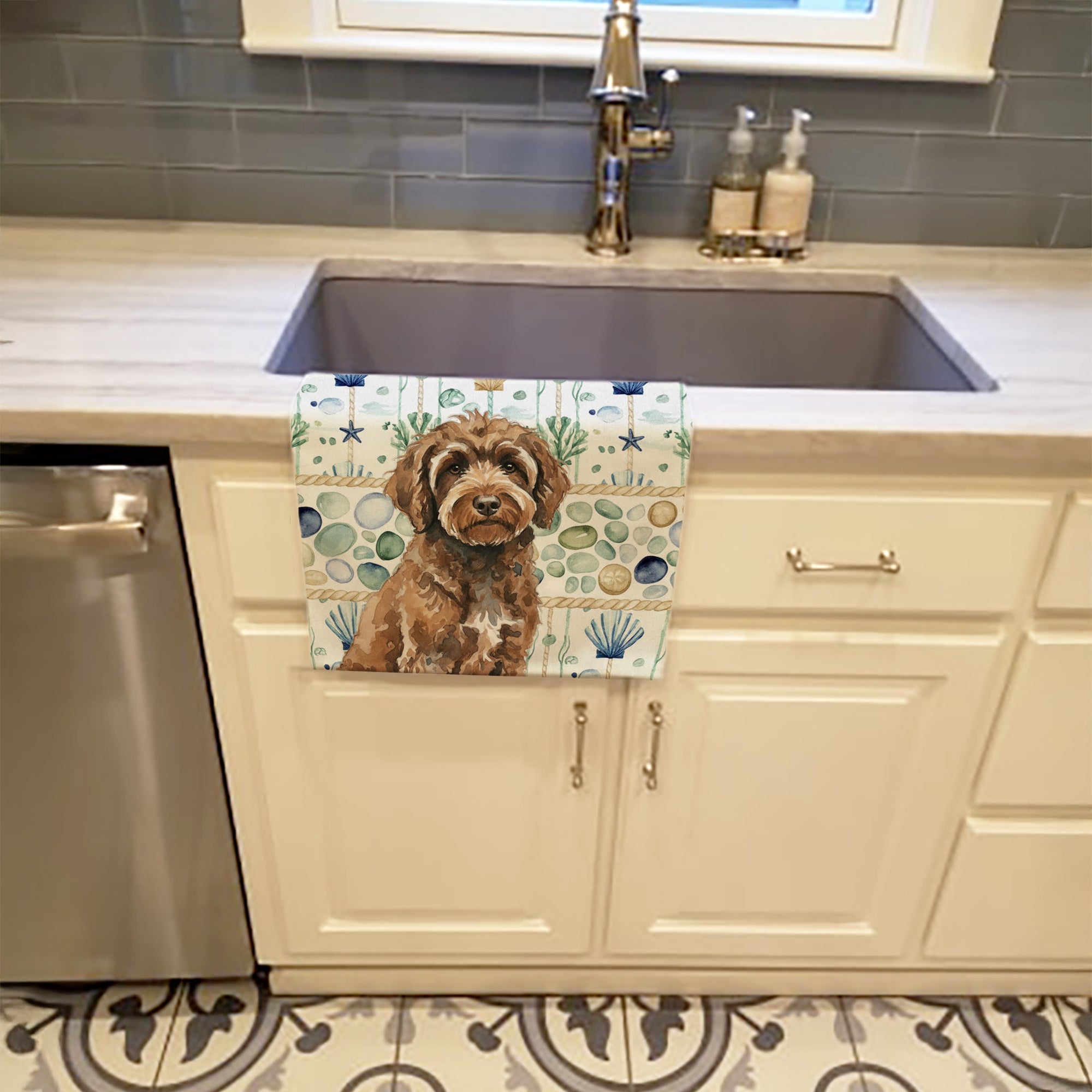 Brown Portuguese Water Dog Coastal Sea Glass Kitchen Towel Velour Plush Front and Cotton Loop Back Machine Washable