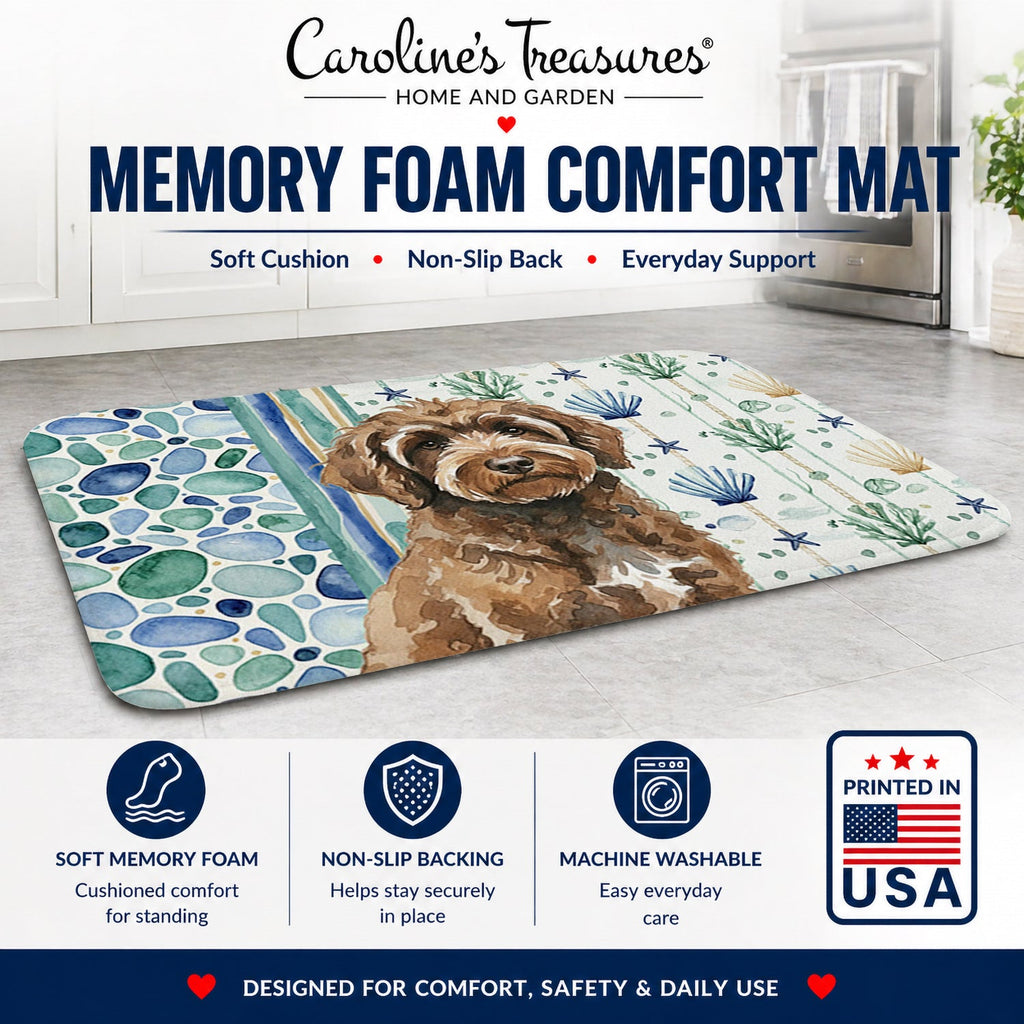 Brown Portuguese Water Dog Coastal Sea Glass Memory Foam Kitchen Mat Machine Washable Anti-Fatigue Cushion Comfort Bath or Kitchen Rug