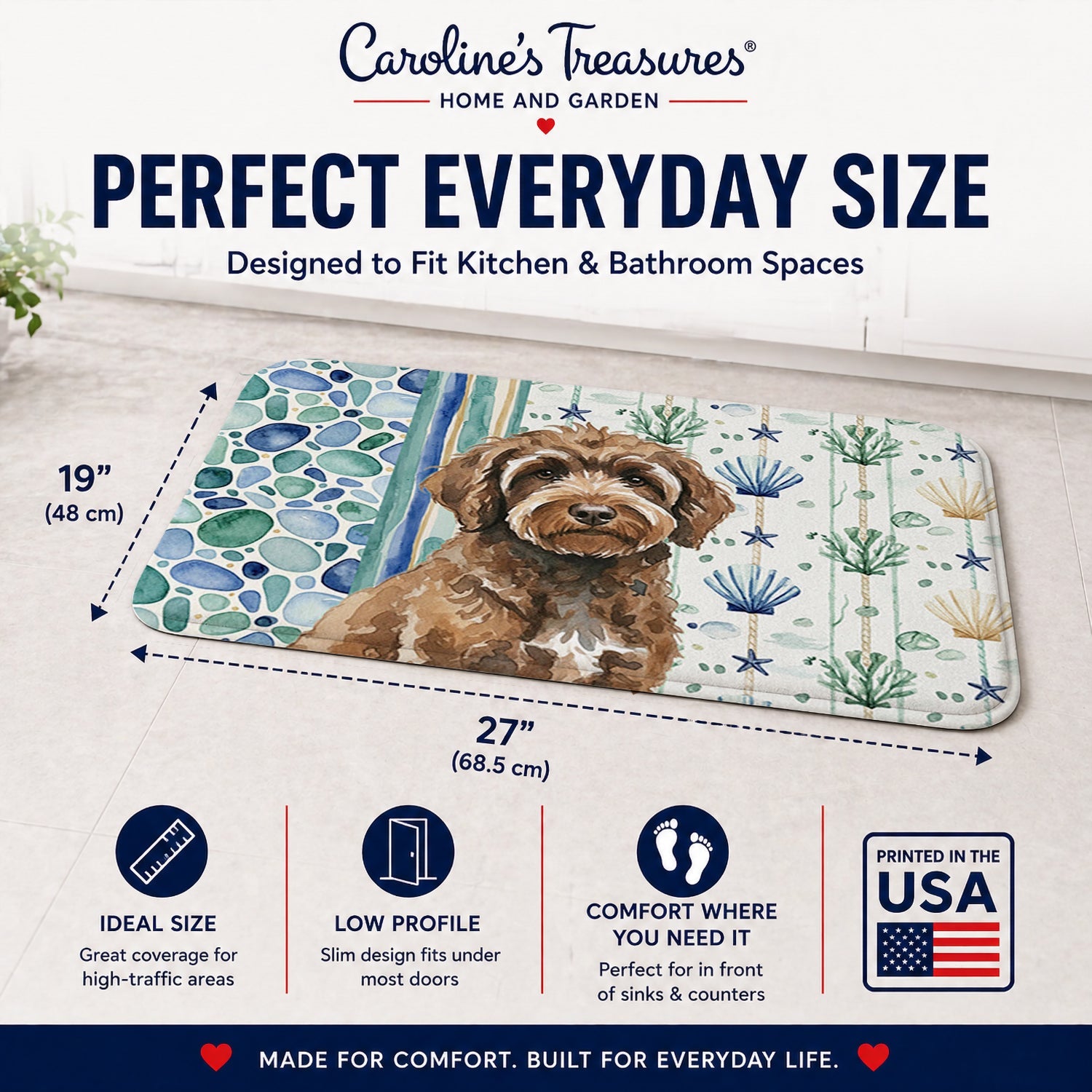 Brown Portuguese Water Dog Coastal Sea Glass Memory Foam Kitchen Mat Machine Washable Anti-Fatigue Cushion Comfort Bath or Kitchen Rug