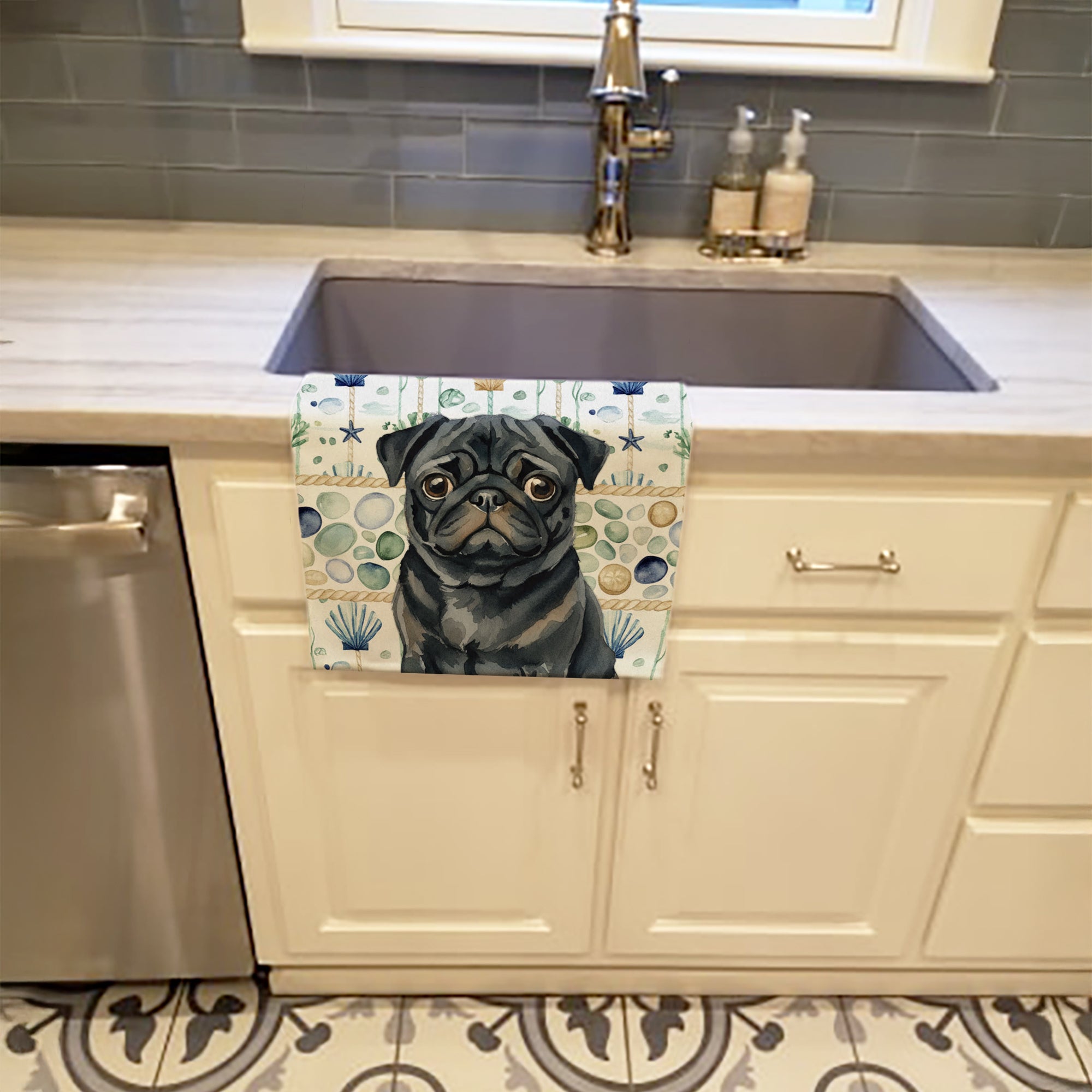 Black Pug Coastal Sea Glass Kitchen Towel Velour Plush Front and Cotton Loop Back Machine Washable