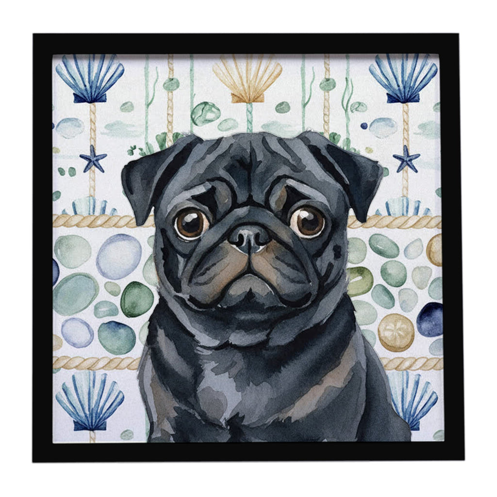 Black Pug Coastal Sea Glass Framed Metal Print Bathroom, Kitchen, Office, Home Decor Wall Art Ready to Hang, Square, 8X8