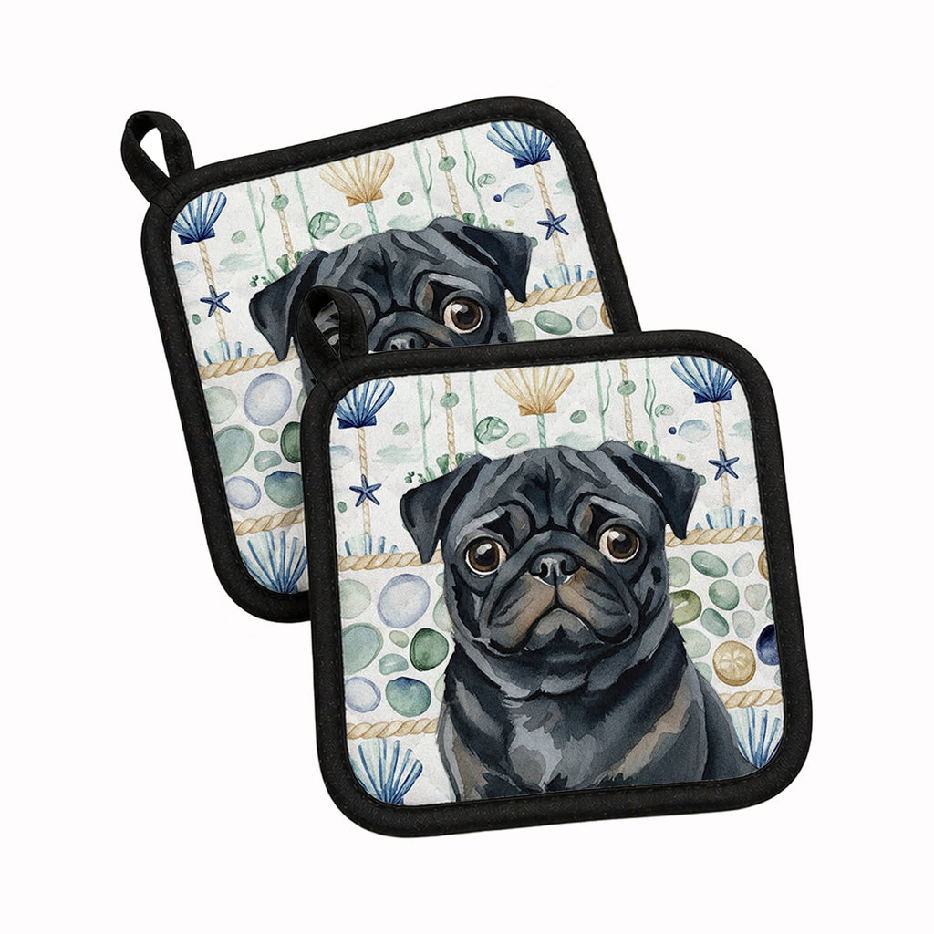 Black Pug Coastal Sea Glass Pot Holder Set of 2 Heat Resistant Quilted Hot Pads 7.5 x 7.5 Inch, Insulated Kitchen Trivets for Cooking & Baking