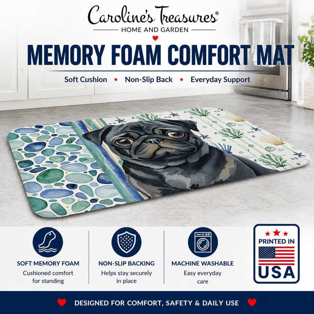 Black Pug Coastal Sea Glass Memory Foam Kitchen Mat Machine Washable Anti-Fatigue Cushion Comfort Bath or Kitchen Rug