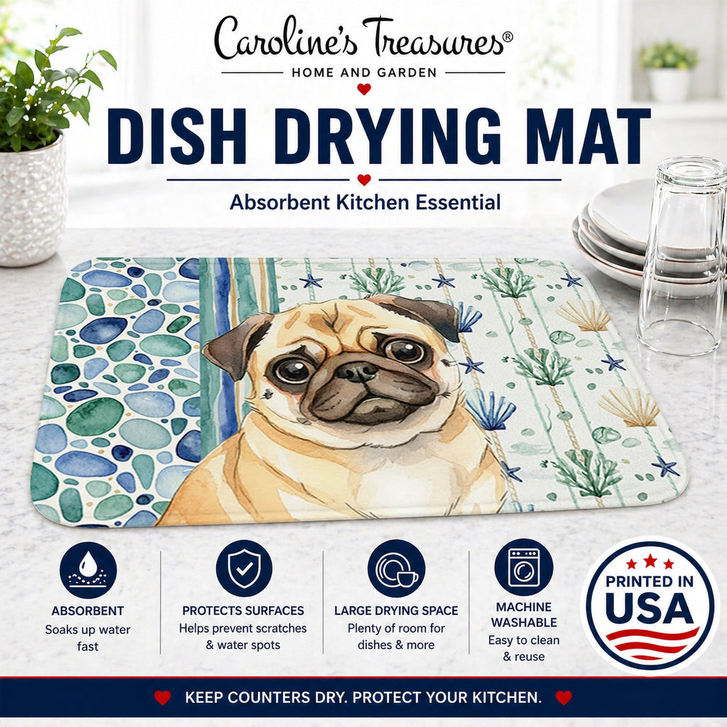 Fawn Pug Coastal Sea Glass Dish Drying Mat Absorbent Dish Drying Mat Pad for Kitchen Counter Dish Drainer Mat for Countertop, 14 x 21", Multicolor